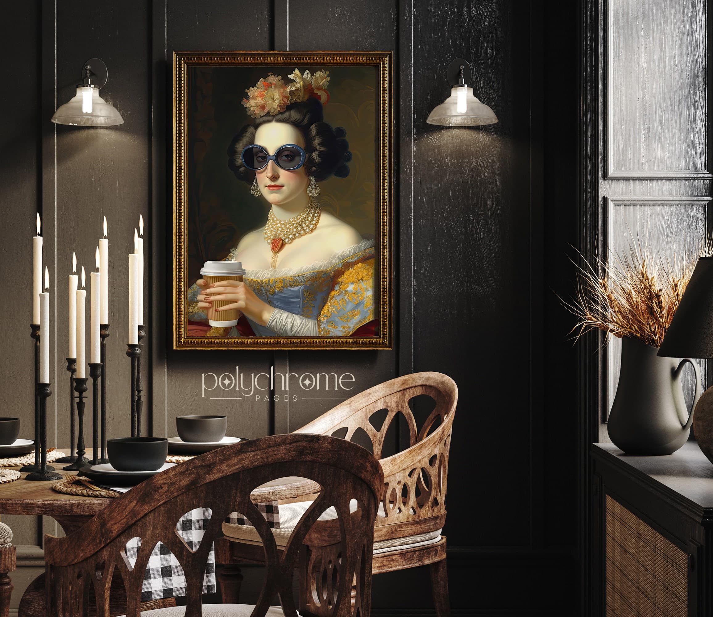 Rococo art work of Lady with Coffee cup - baroque art painting altered art print, eclectic kitchen poster | Printable, sizes 8x10 - 24x36in - image 4