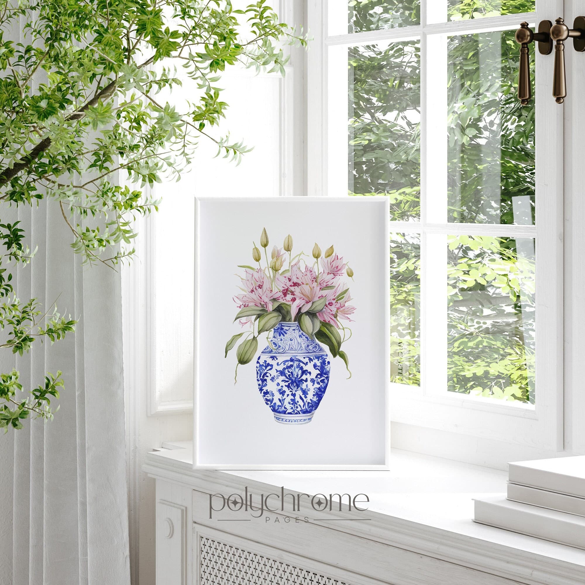 Lilies in Chinoiserie, Cottagecore Grandmillennial Hamptons Style Pink Flower Bouquet in Blue and White China | Paper prints 5x7 - 24x36 in