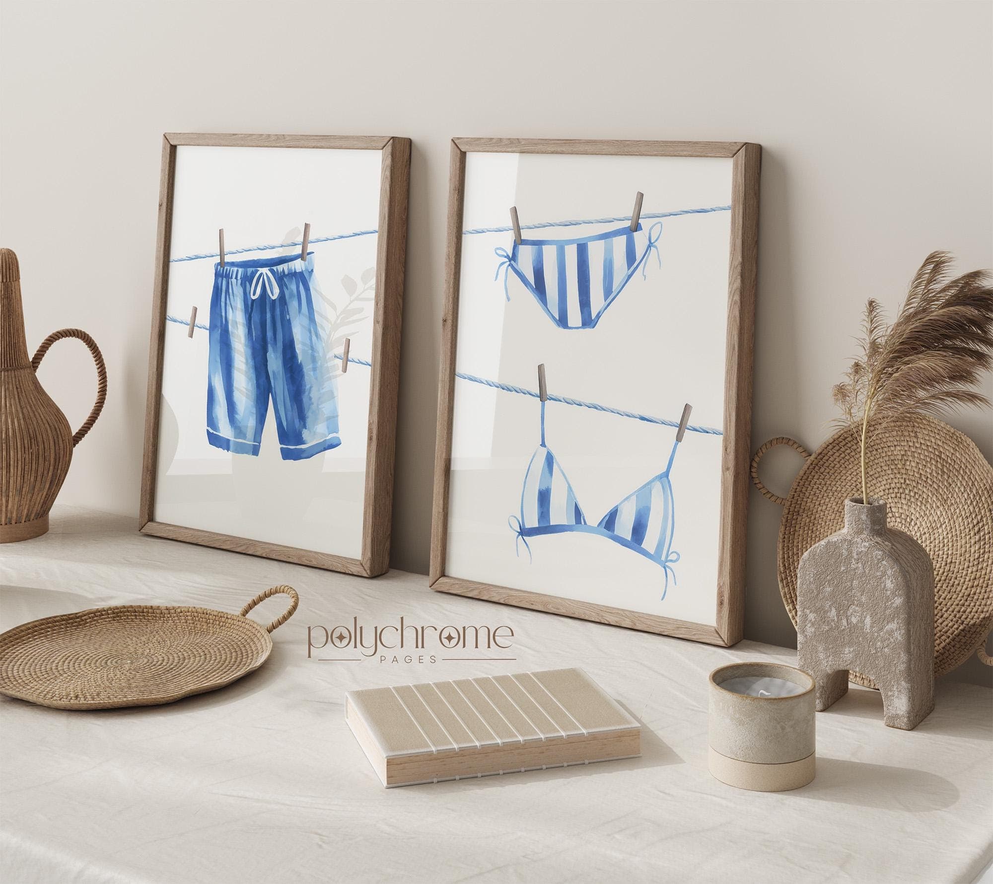 Hanging Bikini & Swimming Trunks in Ocean Blue, Swimsuits on Clothesline Laundry Room Decor, Lake House Pool Bathroom | Prints 5x7 - 24x36in