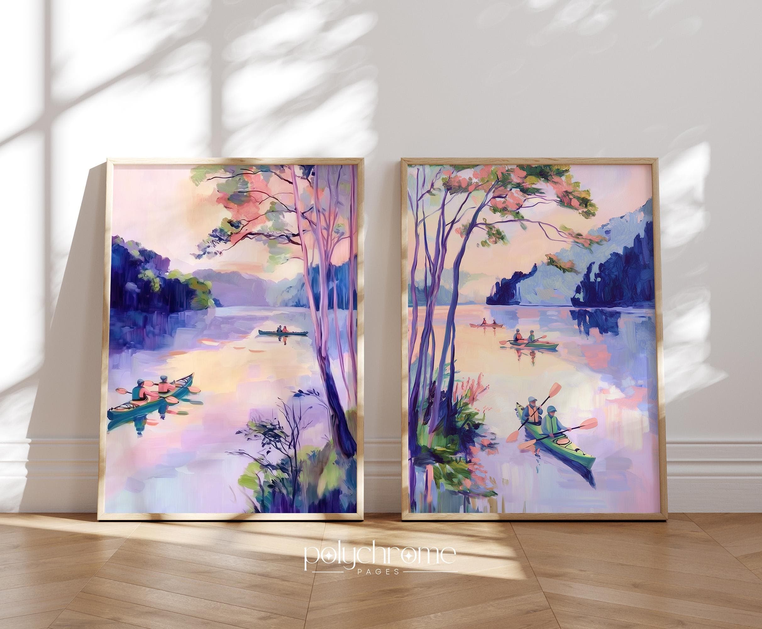 Kayaks on a Lake in Purple and Pink, Canoeing Lake House Art, Fishing Cabin Decor, Vintage Pool Bathroom Idea | Paper prints 5x7 - 24x36 in