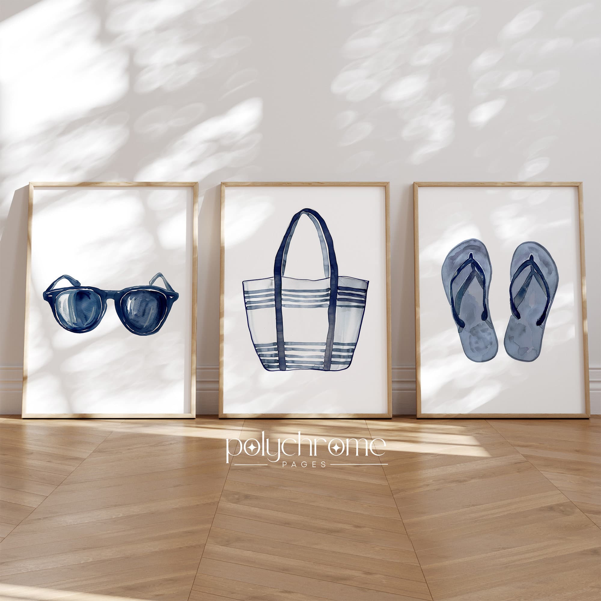 Summer Accessories: Sunglasses, Beach Bag, Flip Flops in Navy Blue, Coastal Beachy Decor Watercolor Art | Paper Print Sizes 5x7 - 24x36 in