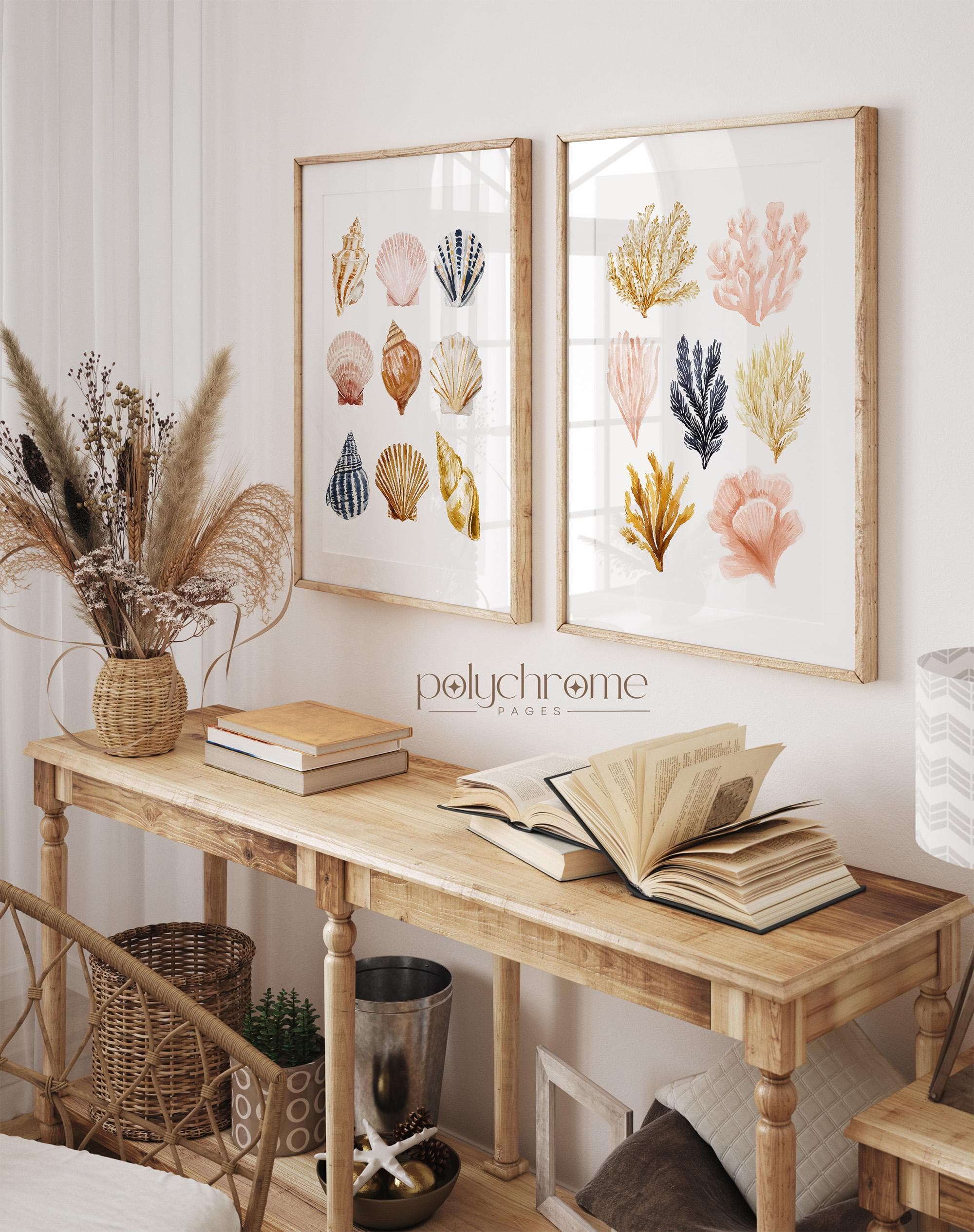 Seashells and Seaweed in Beige, Brown, Pink and Yellow, Pastel Colored Collection for Vacation Home, Coastal Laundry Room Art | Paper Print
