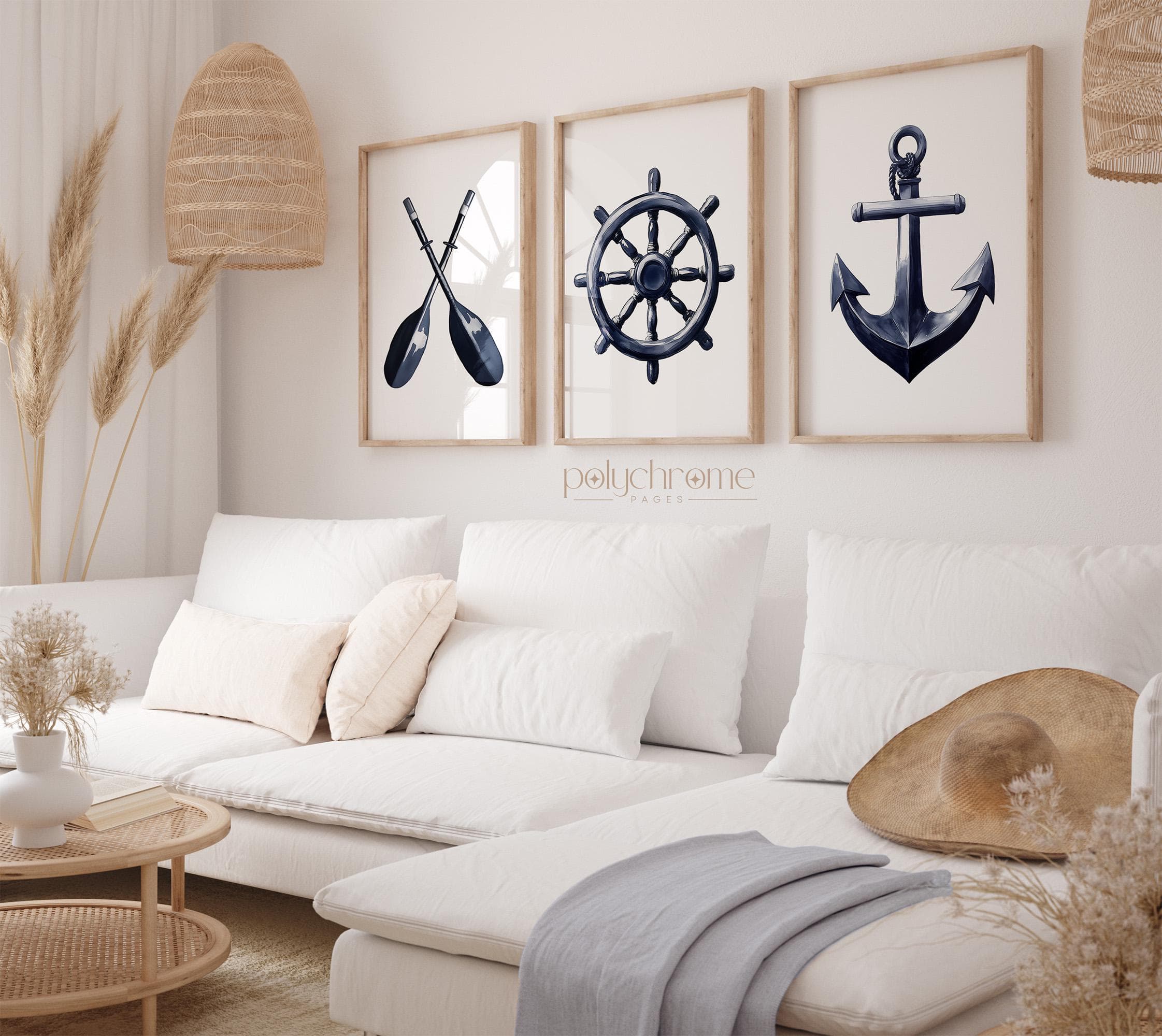 Vintage Oars, Ship's Wheel and Anchor, Sailboat, Navy Blue Nautical Coastal, Lake House, Beach House Decor | Paper prints 5x7 - 24x36 in - image 3