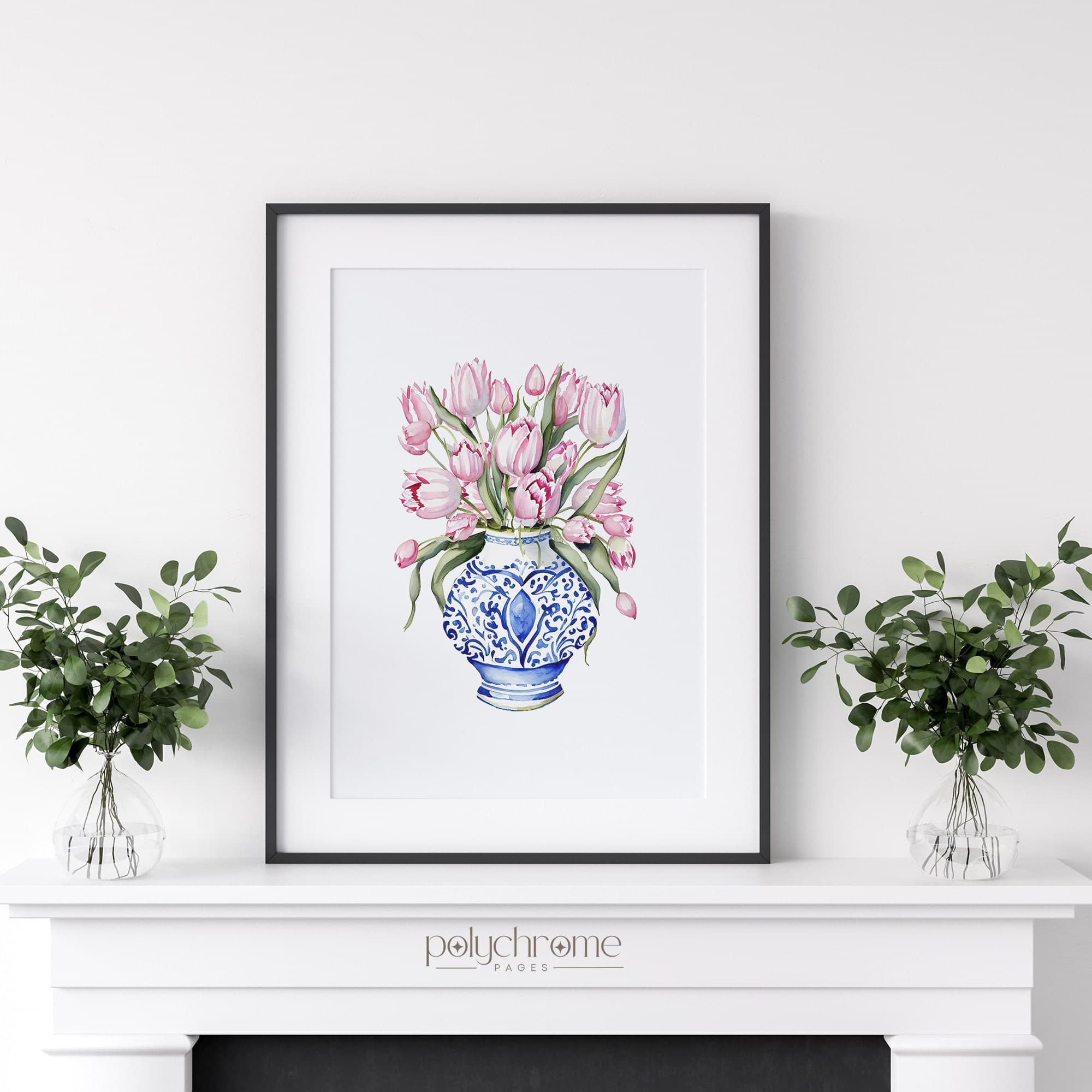 Tulips in Chinoiserie, Cottagecore Grandmillennial Hamptons Style Pink Flower Bouquet in Blue and White China | Paper prints 5x7 - 24x36 in - image 4