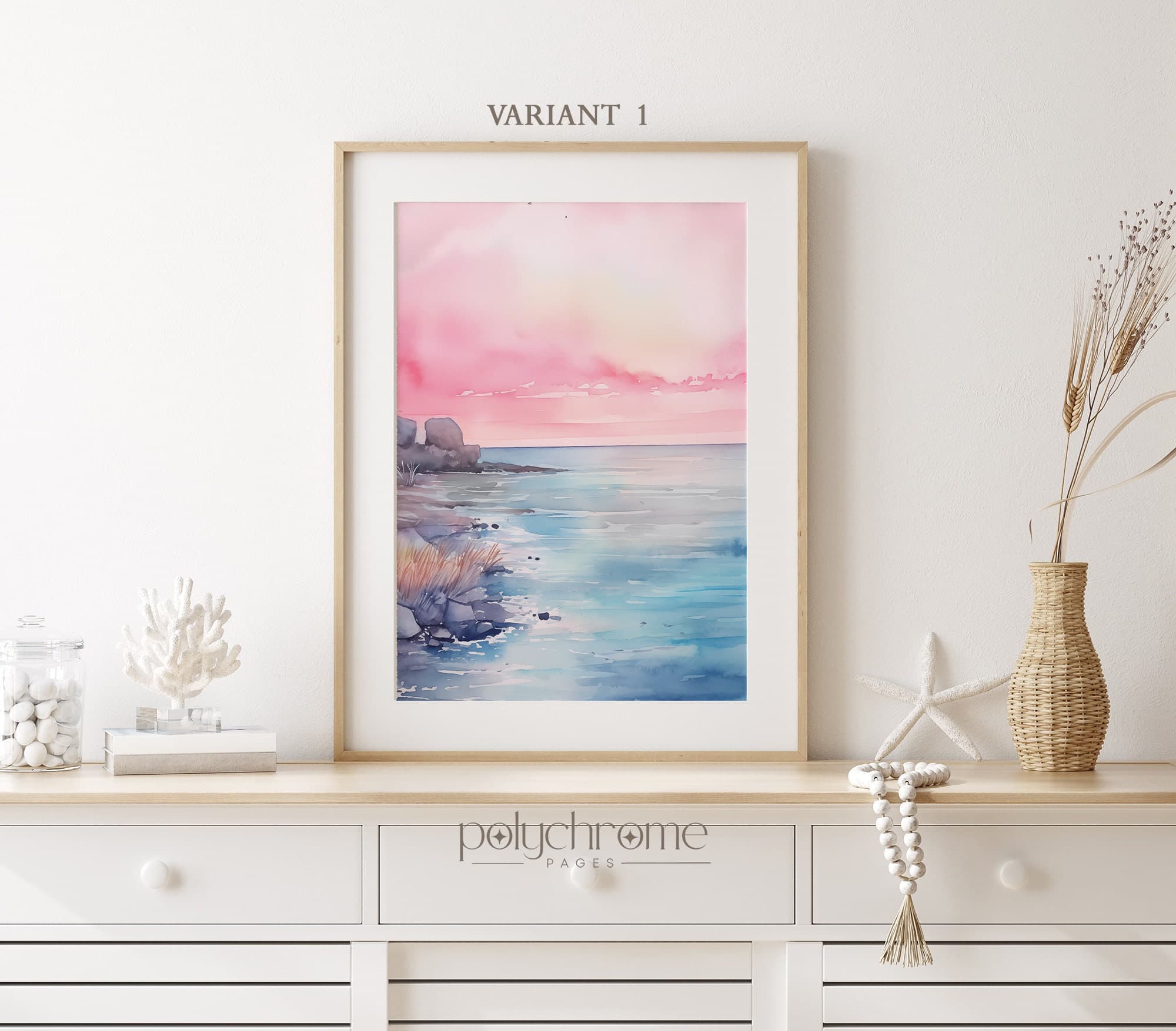Beach Landscape Paintings, Pink and Blue Coastal Ocean Painting Set of Sea Landscapes Wall Art | Paper prints 5x7 - 24x36 in - image 3