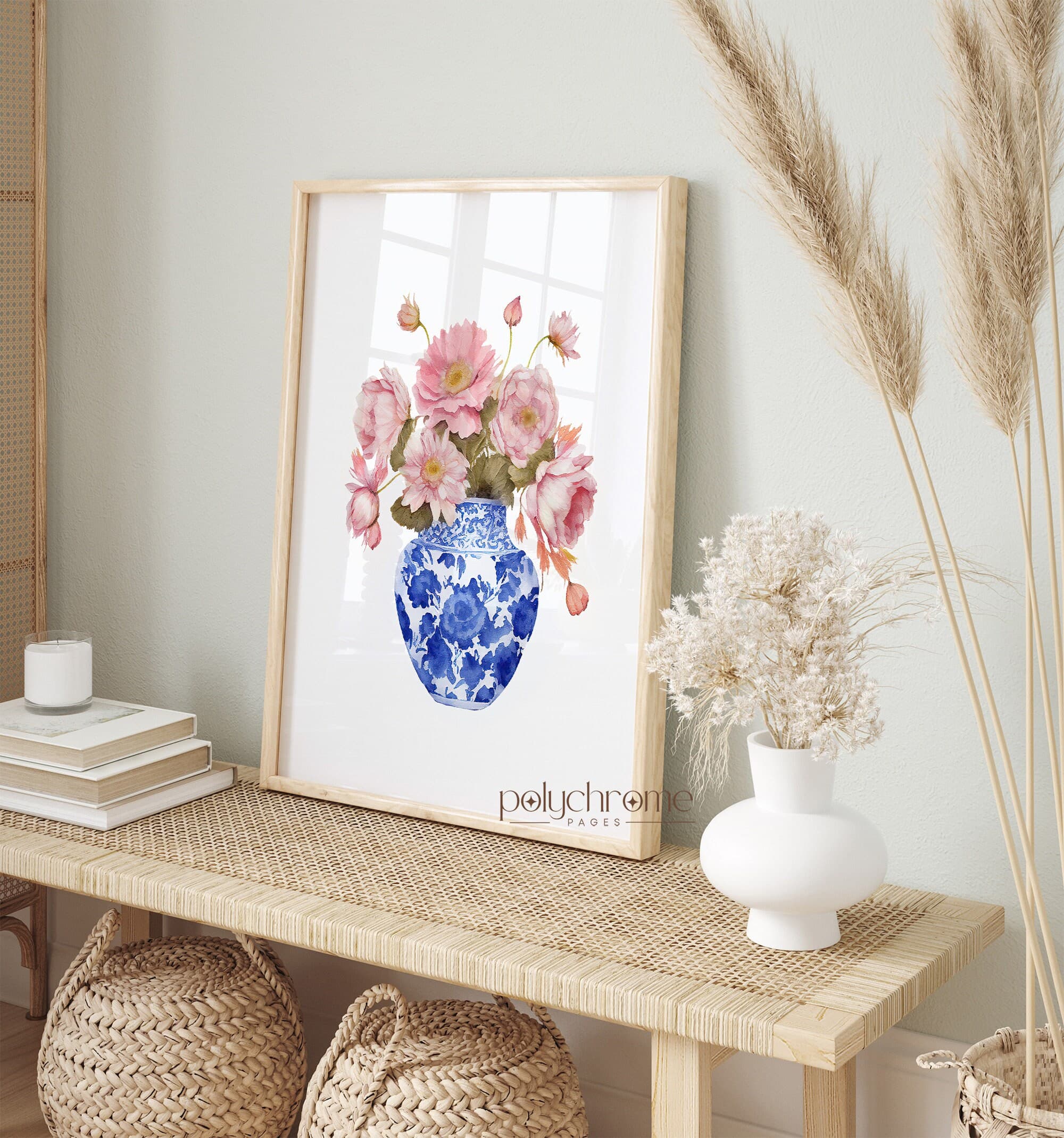 Daisies in Chinoiserie, Cottagecore Grandmillennial Hamptons Style Pink Flower Bouquet in Blue and White China | Paper prints 5x7 - 24x36 in - image 5