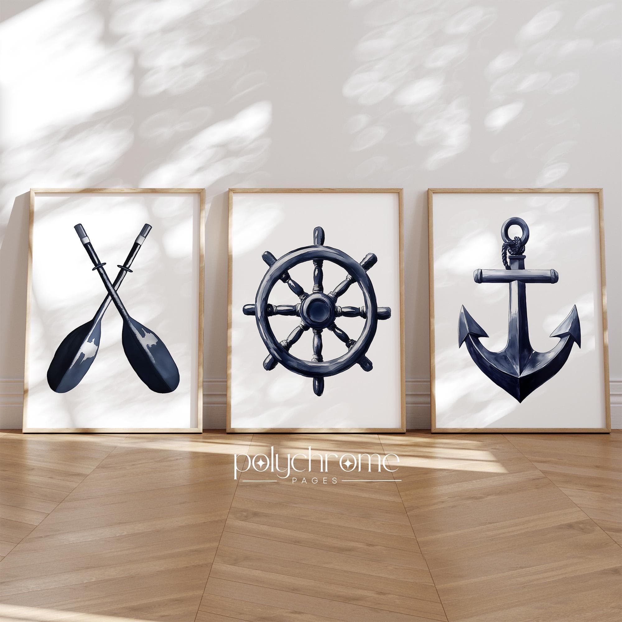 Vintage Oars, Ship's Wheel and Anchor, Sailboat, Navy Blue Nautical Coastal, Lake House, Beach House Decor | Paper prints 5x7 - 24x36 in