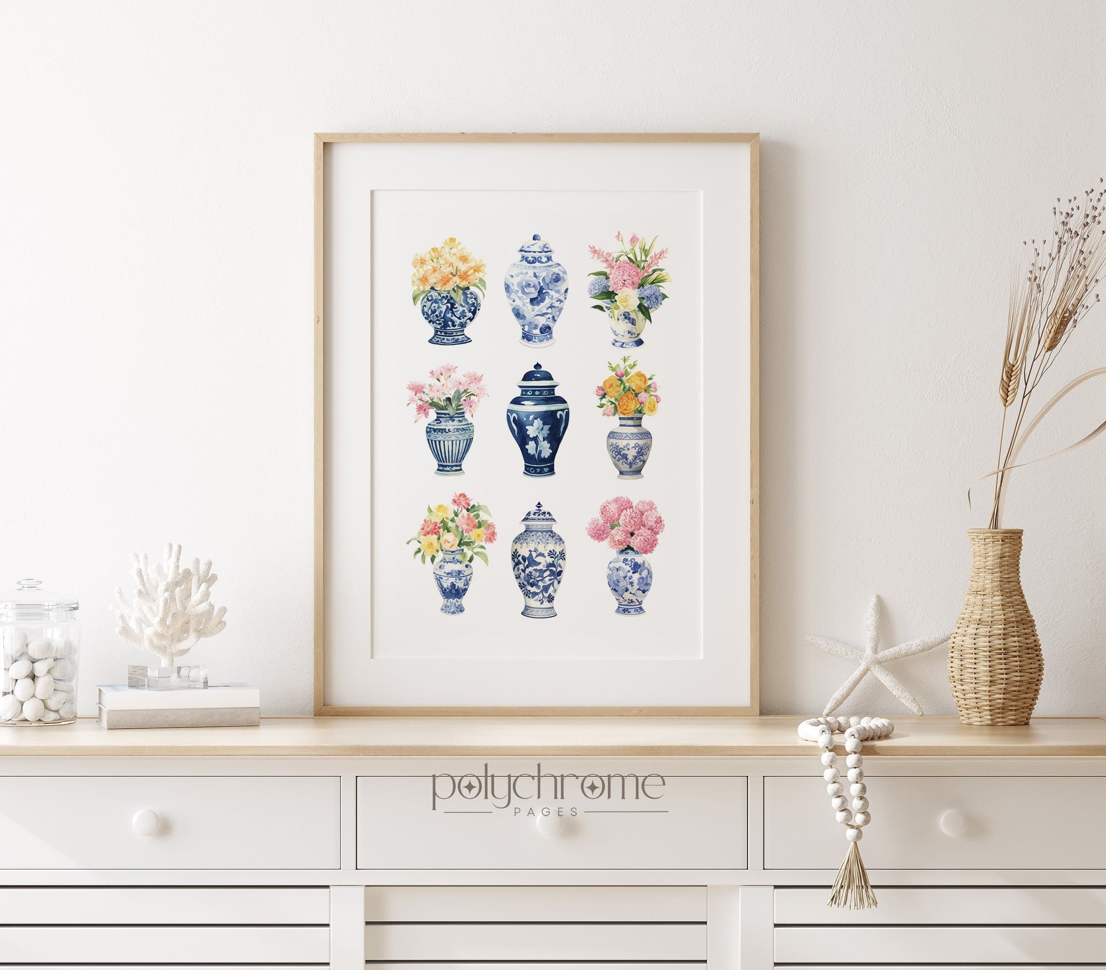 Ginger Jars and Flower Bouquets in Chinoiserie, Grandmillenial Hamptons Style Blue White China 9 Pieces Art | Paper print size 5x7 - 24x36in