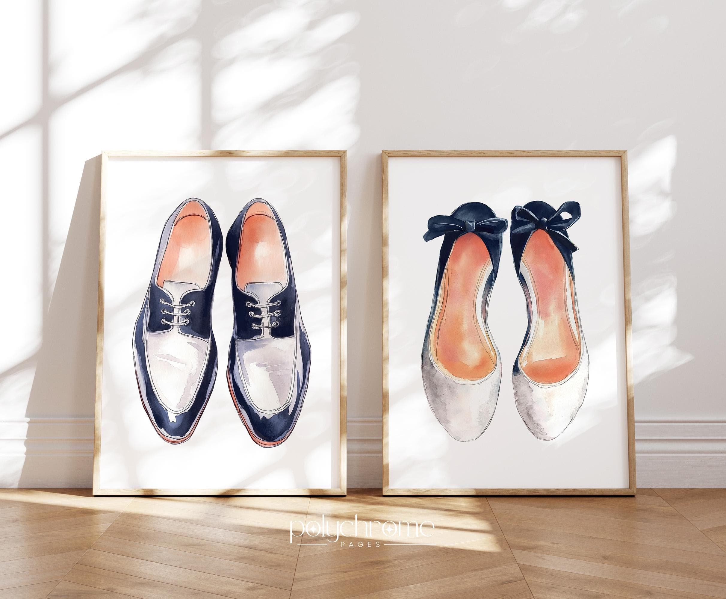 His and Hers Shoes Painting, Above the Bed Navy Wall Art, Watercolor Entryway Decoration, Present for Couple | Paper Print 5x7 - 24x36 in