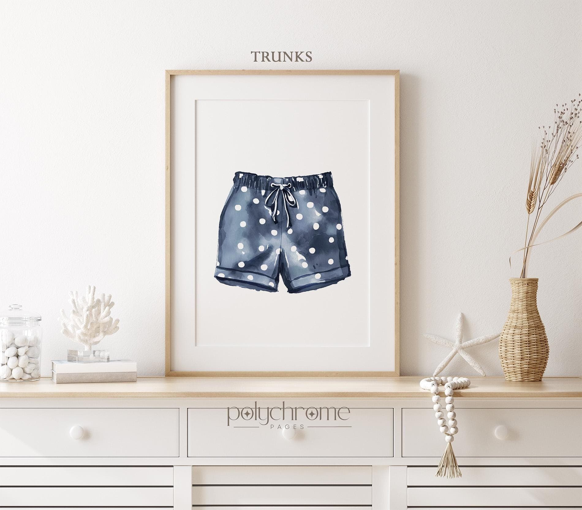 Navy Blue Polka Beachwear, Dotted Swimsuit and Trunks for Coastal Laundry Room, Lake House Pool Bathroom Art | Paper Print - image 3