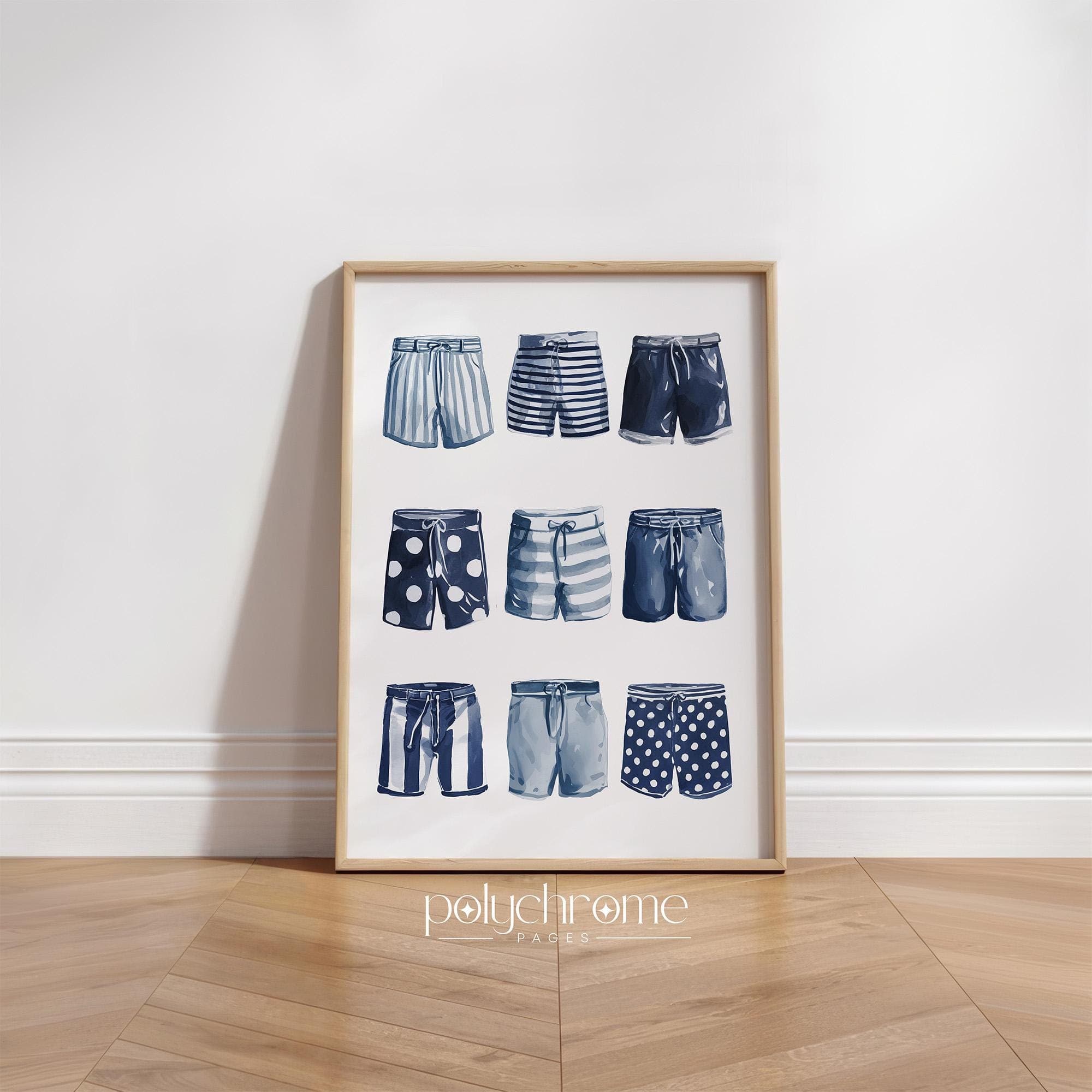 Shorts Lineup in Navy Blue, A Variety of Trunks for Laundry Room, Painted Swimwear, Lake House Pool Bathroom Art | Paper Print 5x7-24x36 in - image 5