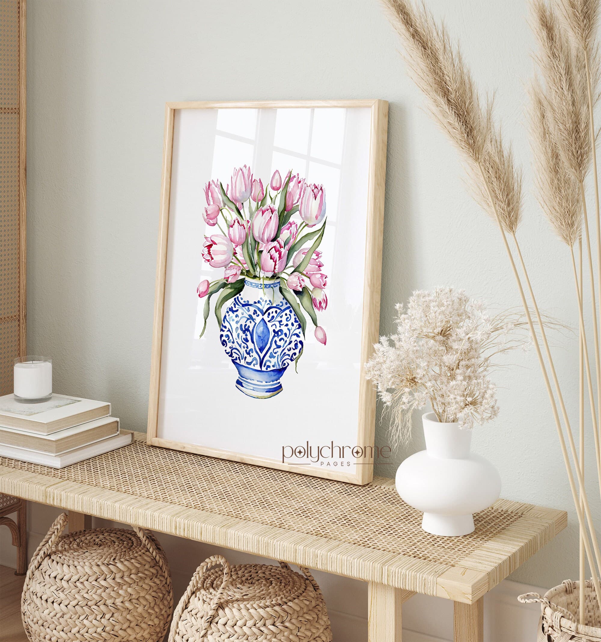 Tulips in Chinoiserie, Cottagecore Grandmillennial Hamptons Style Pink Flower Bouquet in Blue and White China | Paper prints 5x7 - 24x36 in - image 5