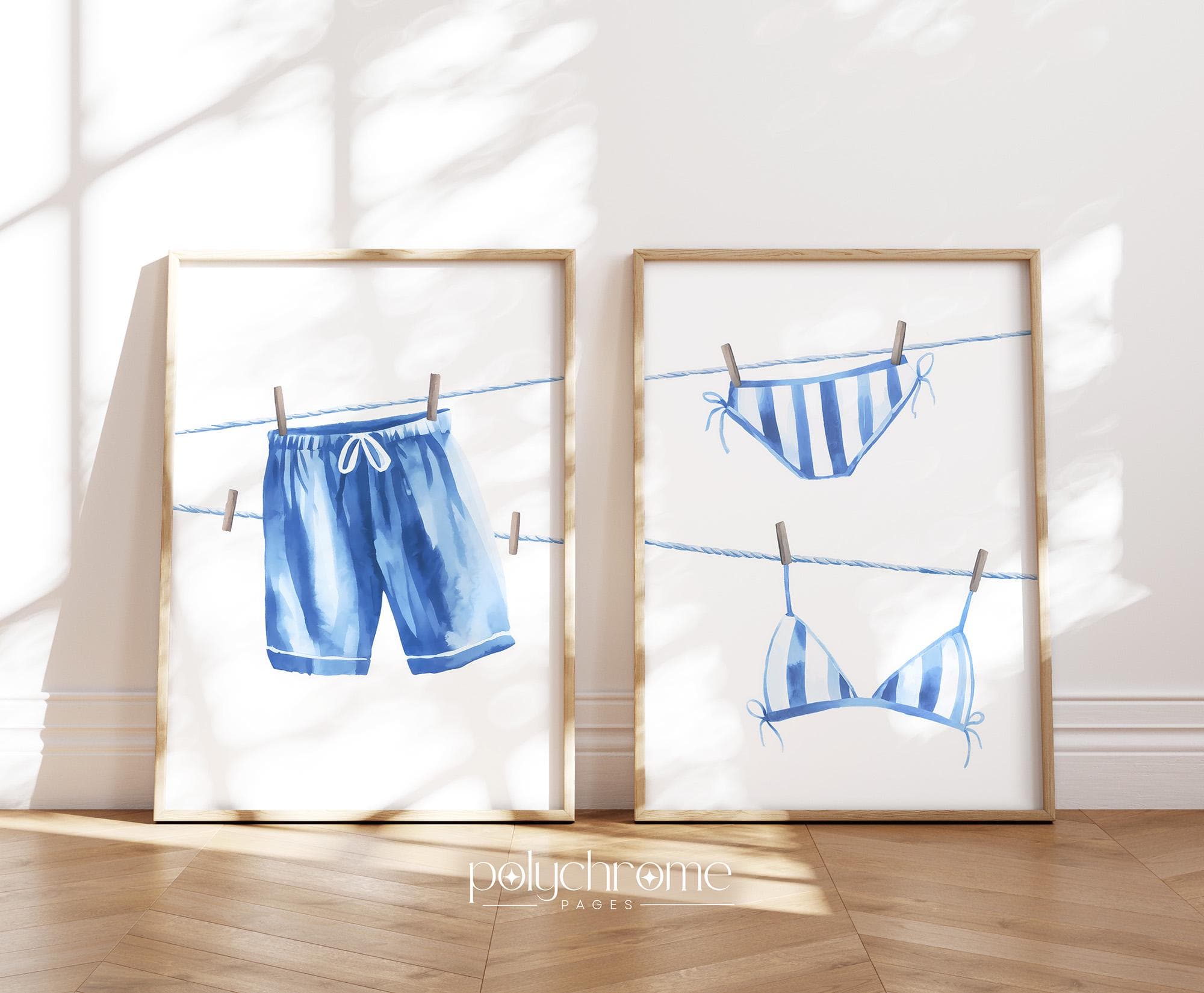 Hanging Bikini & Swimming Trunks in Ocean Blue, Swimsuits on Clothesline Laundry Room Decor, Lake House Pool Bathroom | Prints 5x7 - 24x36in - image 3