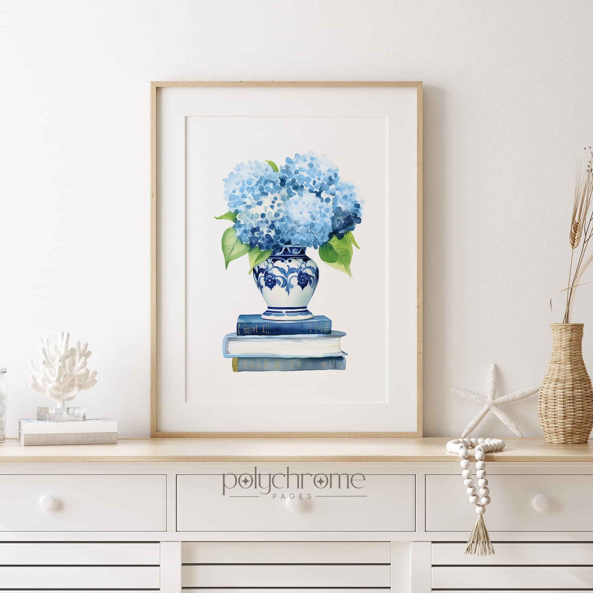 Blue Hydrangeas in Chinoiserie on Stack of Books, Hamptons Style Blue and White China, Gifts for Book Lovers | Paper prints 5x7 - 24x36 in