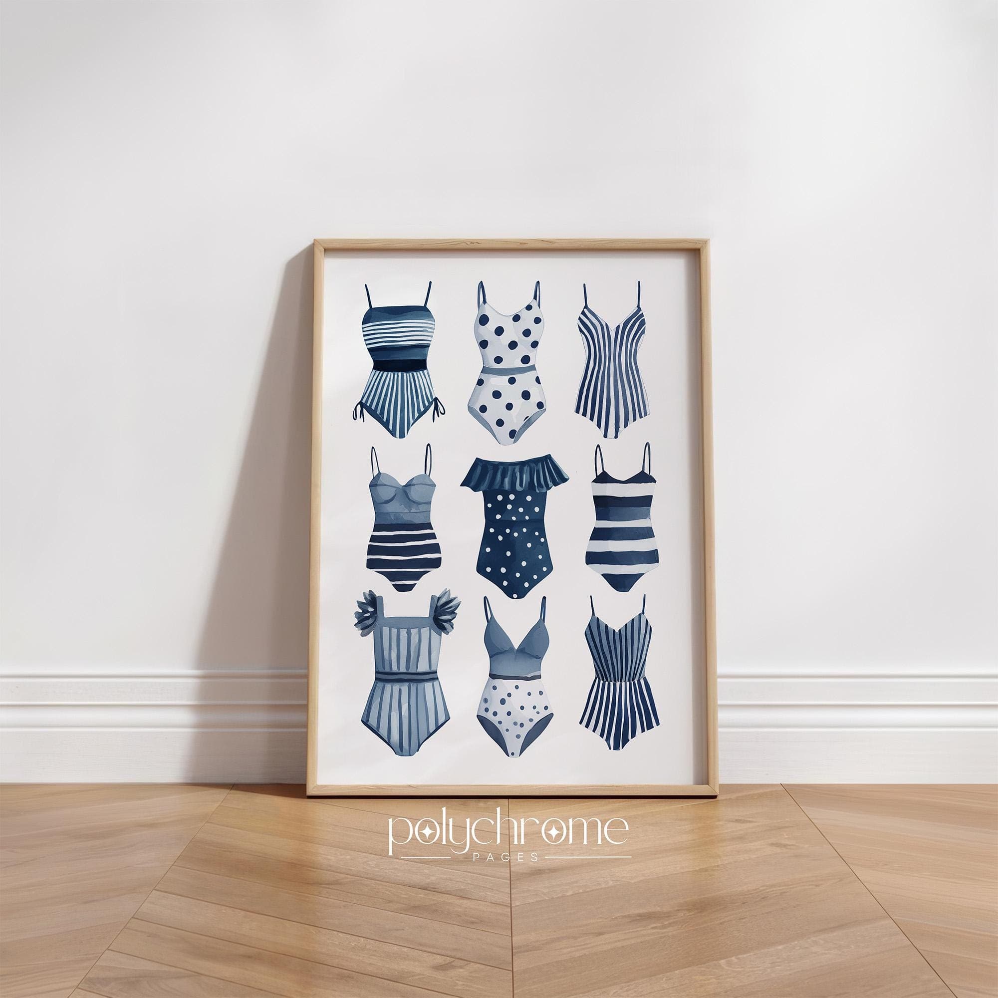 Swimsuits Lineup in Navy Blue, A Variety of Swimwear for Laundry Room, Lake House Pool Bathroom Watercolor Art | Paper Print 5x7-24x36 in - image 5