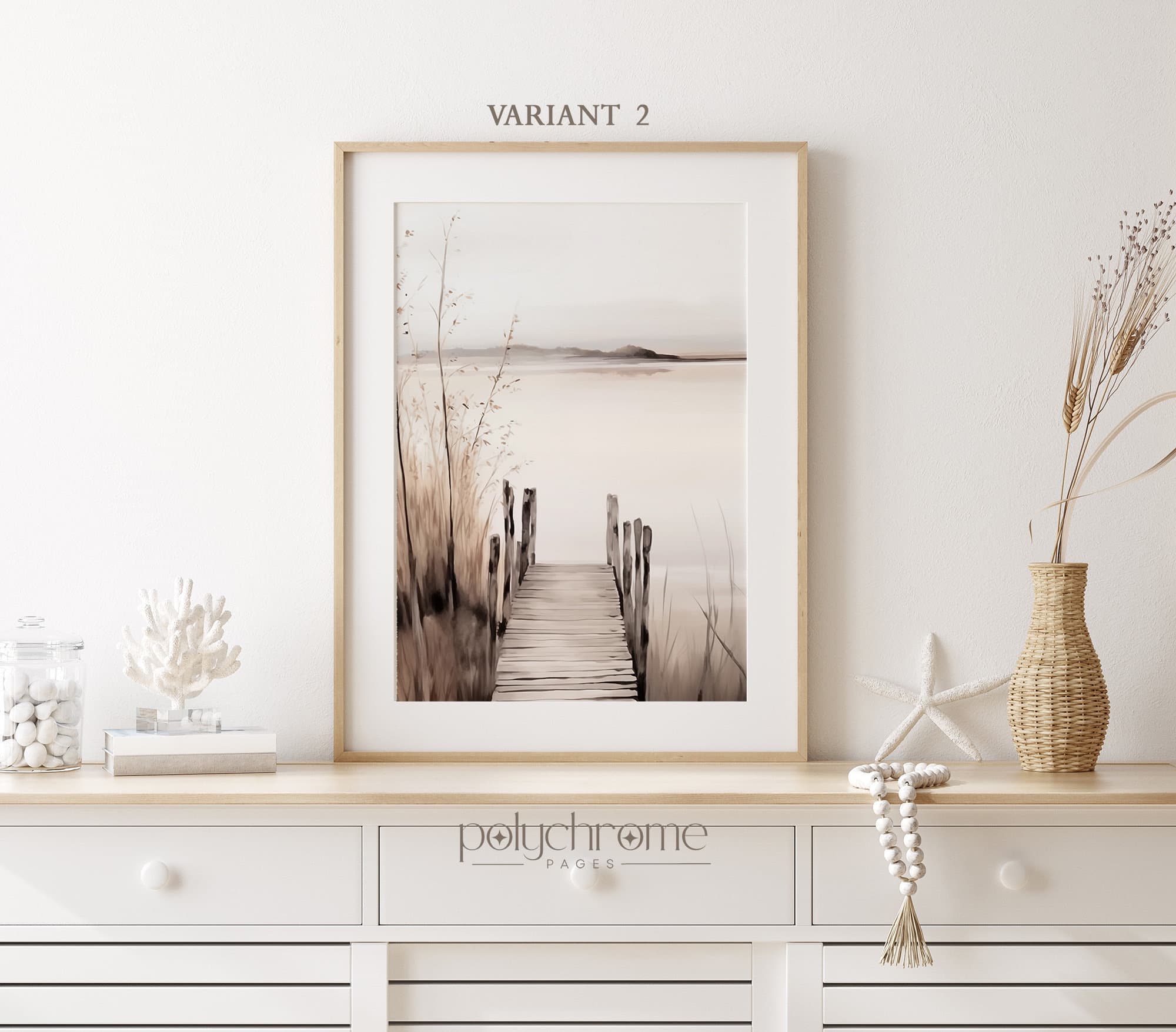 Lake Landscape Paintings in Gray and Beige, Vintage Rustic Pier Greige Lakeside Art | Paper Prints sizes 5x7 - 24x36 in - image 4