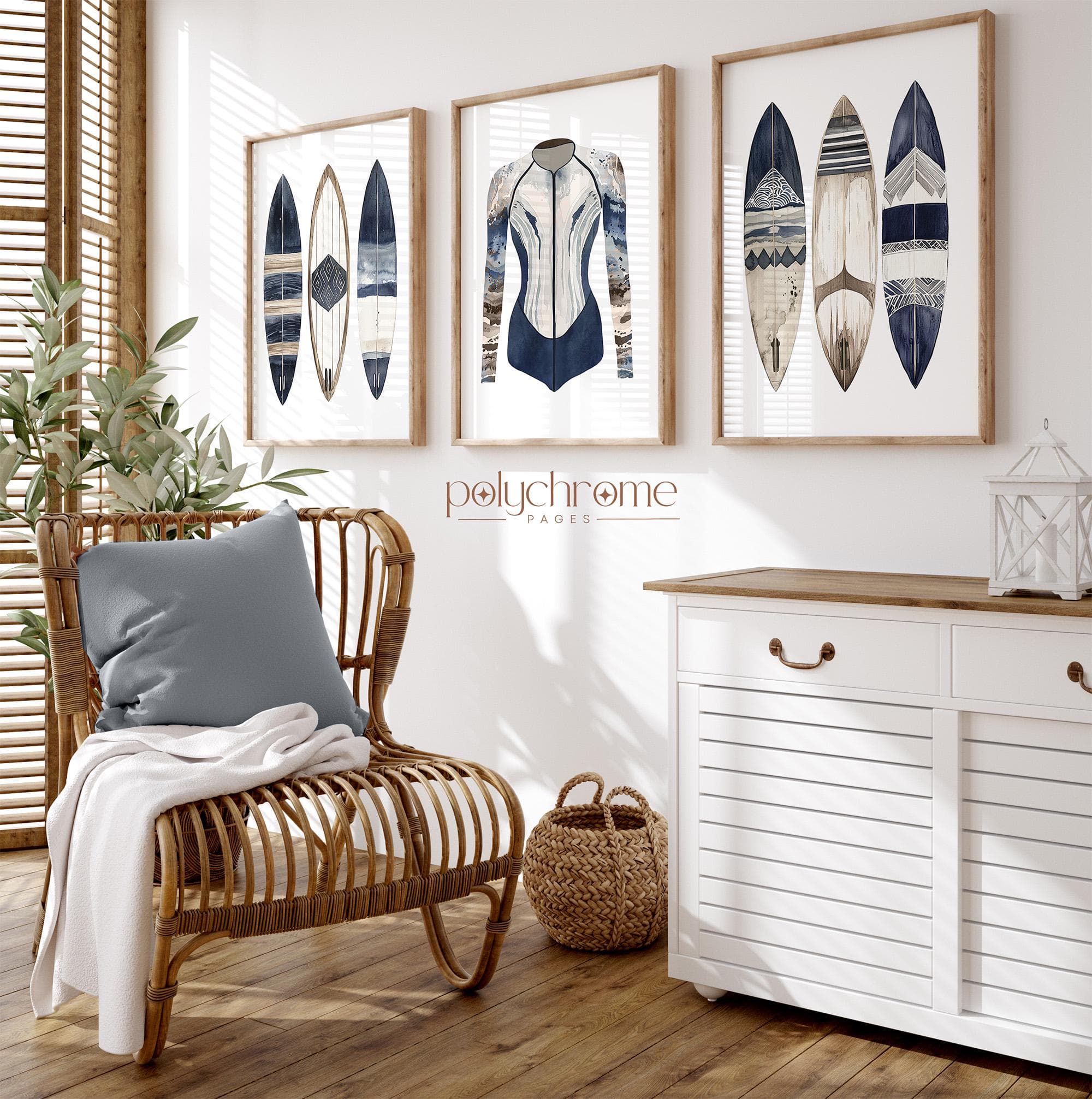 Sup Surfboards and Wetsuit Watercolor Prints, Navy Blue and Brown Coastal, Lake House, Beach House Decor | Paper prints 5x7 - 24x36 in - image 3