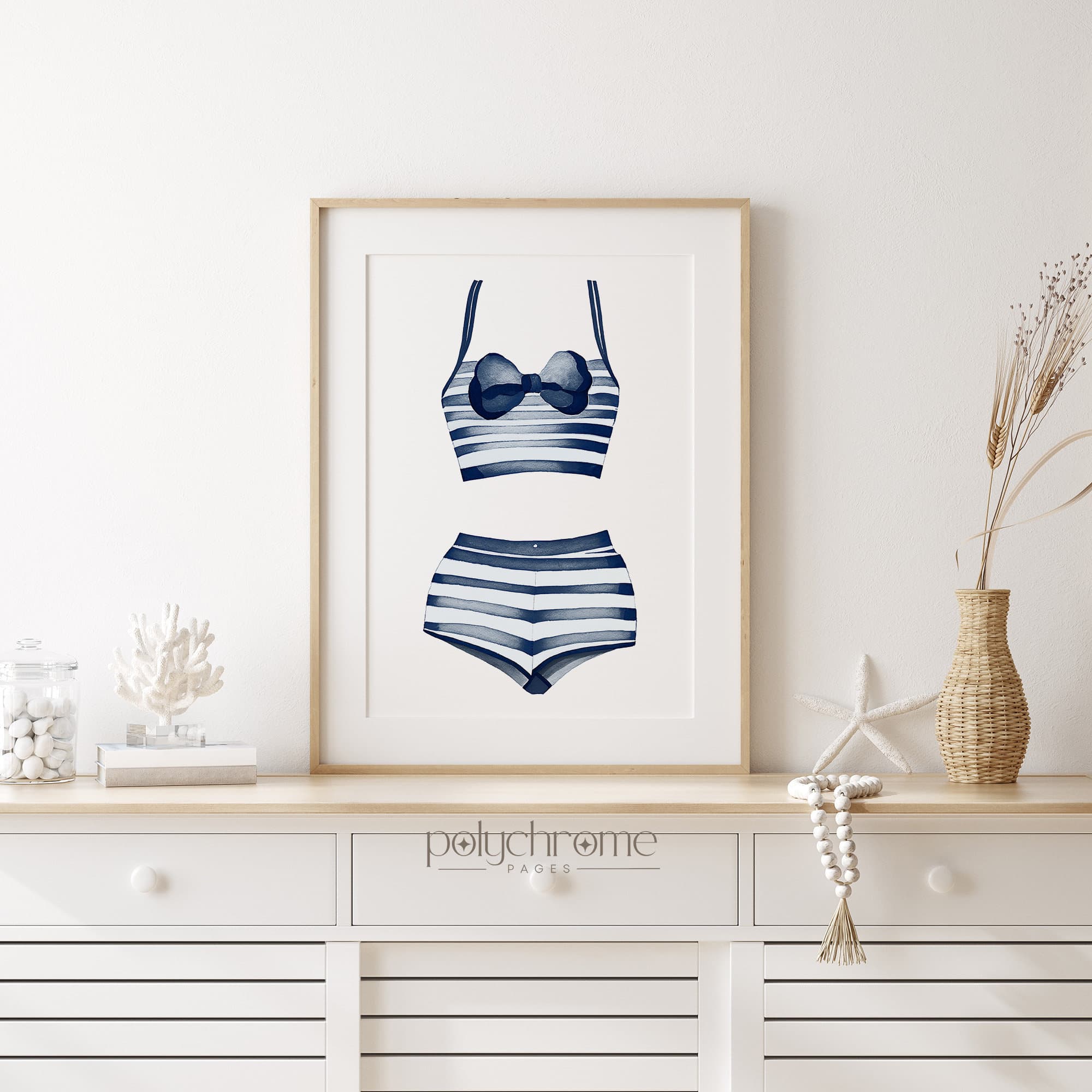 Blue and White Painted Swimsuits Summer Painting, Hale Navy Wall Art, Laundry Room Decor, ocean paintings, beach watercolor, laundry room ideas, beach gifts ideas, bathroom wall art