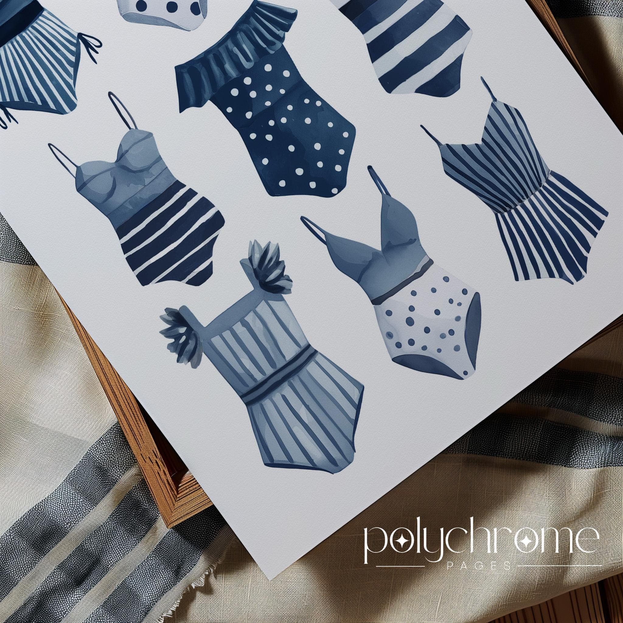 Swimsuits Lineup in Navy Blue, A Variety of Swimwear for Laundry Room, Lake House Pool Bathroom Watercolor Art | Paper Print 5x7-24x36 in - image 4