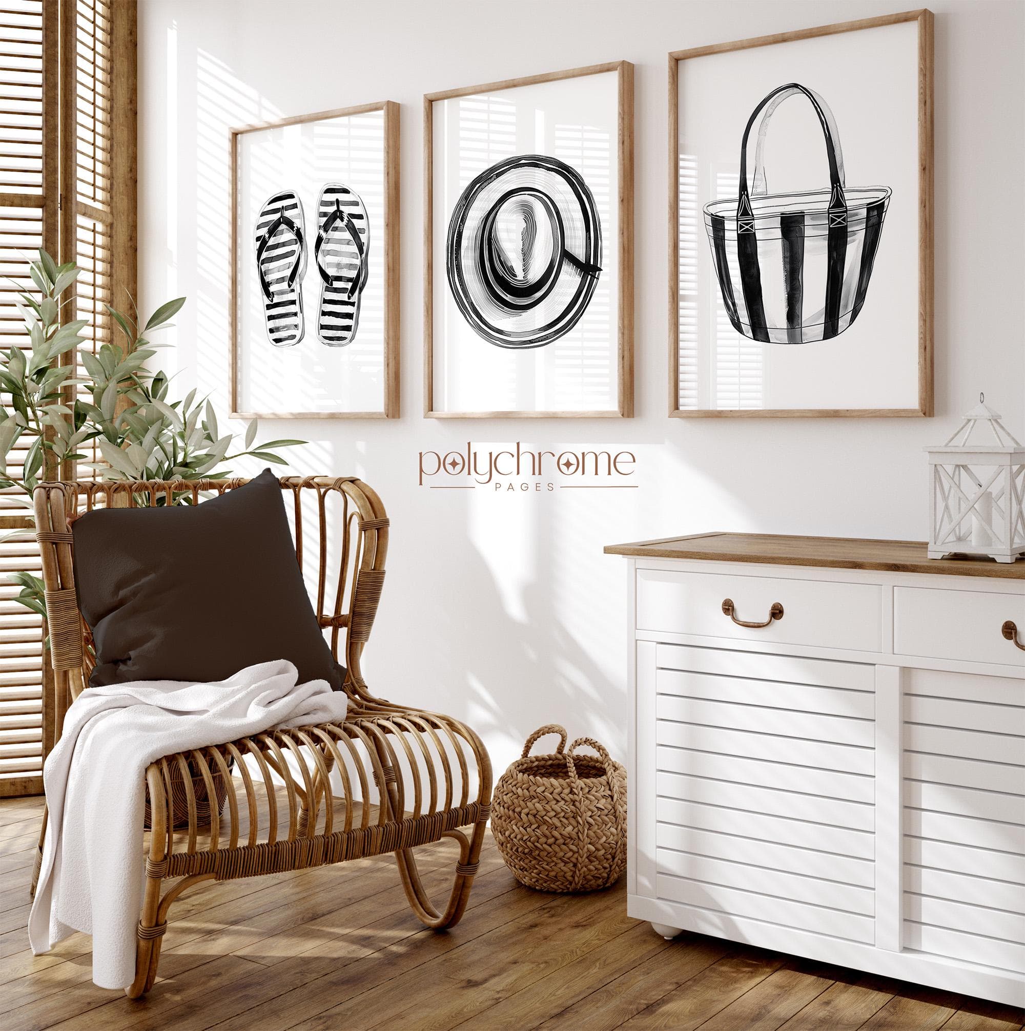 Black and White Striped Summer Accessories: Flip Flops, Hat, and Beach Bag - Coastal Beachy Decor Watercolor | Paper Prints 5x7 - 24x36 in - image 3