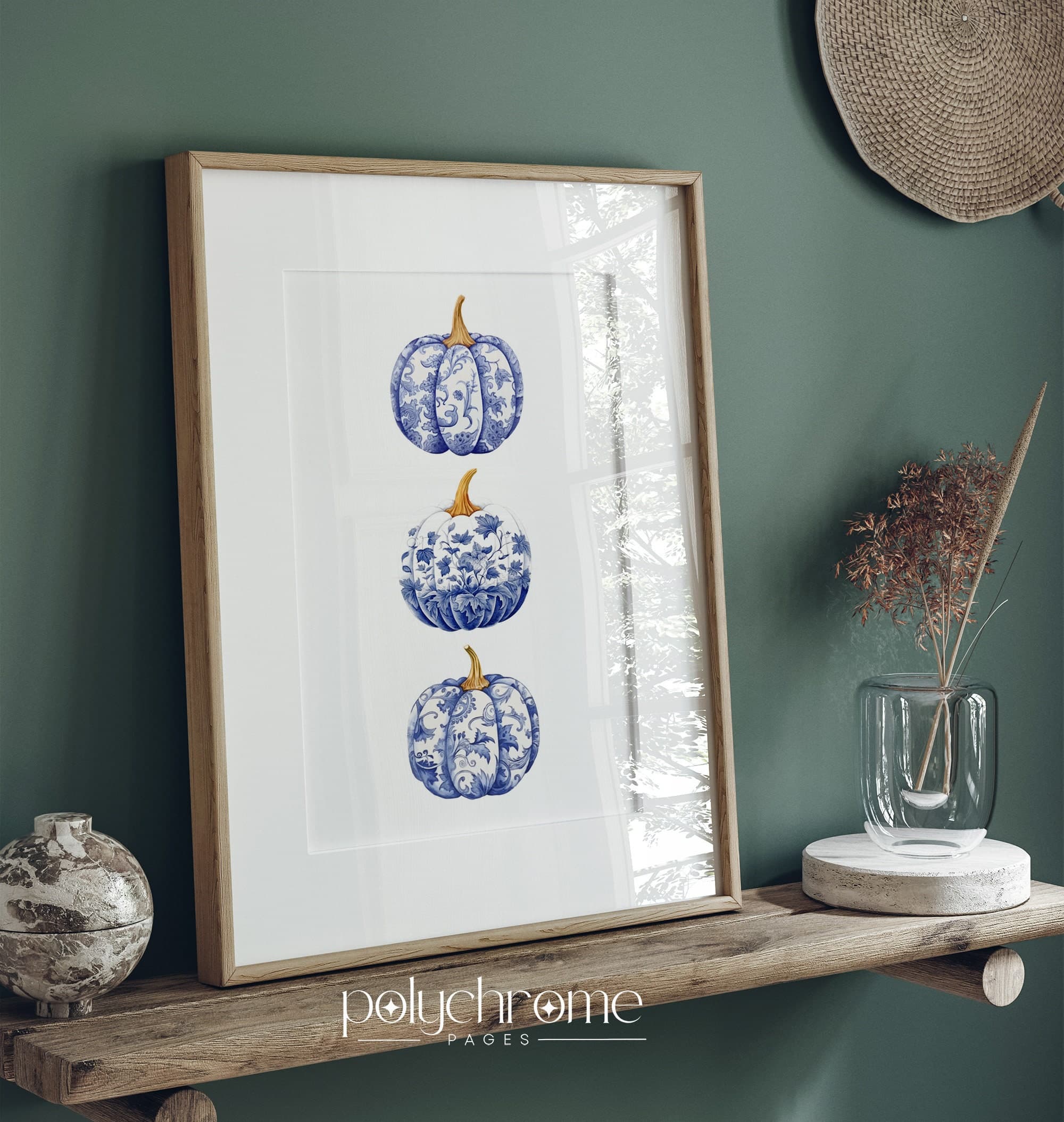 Chinoiserie Pumpkin Art, Hamptons Style Autumn Aestetic Fall Paintings, Blue and White China Wall Art | Paper Print Sizes 5x7 - 24x36 in - image 3