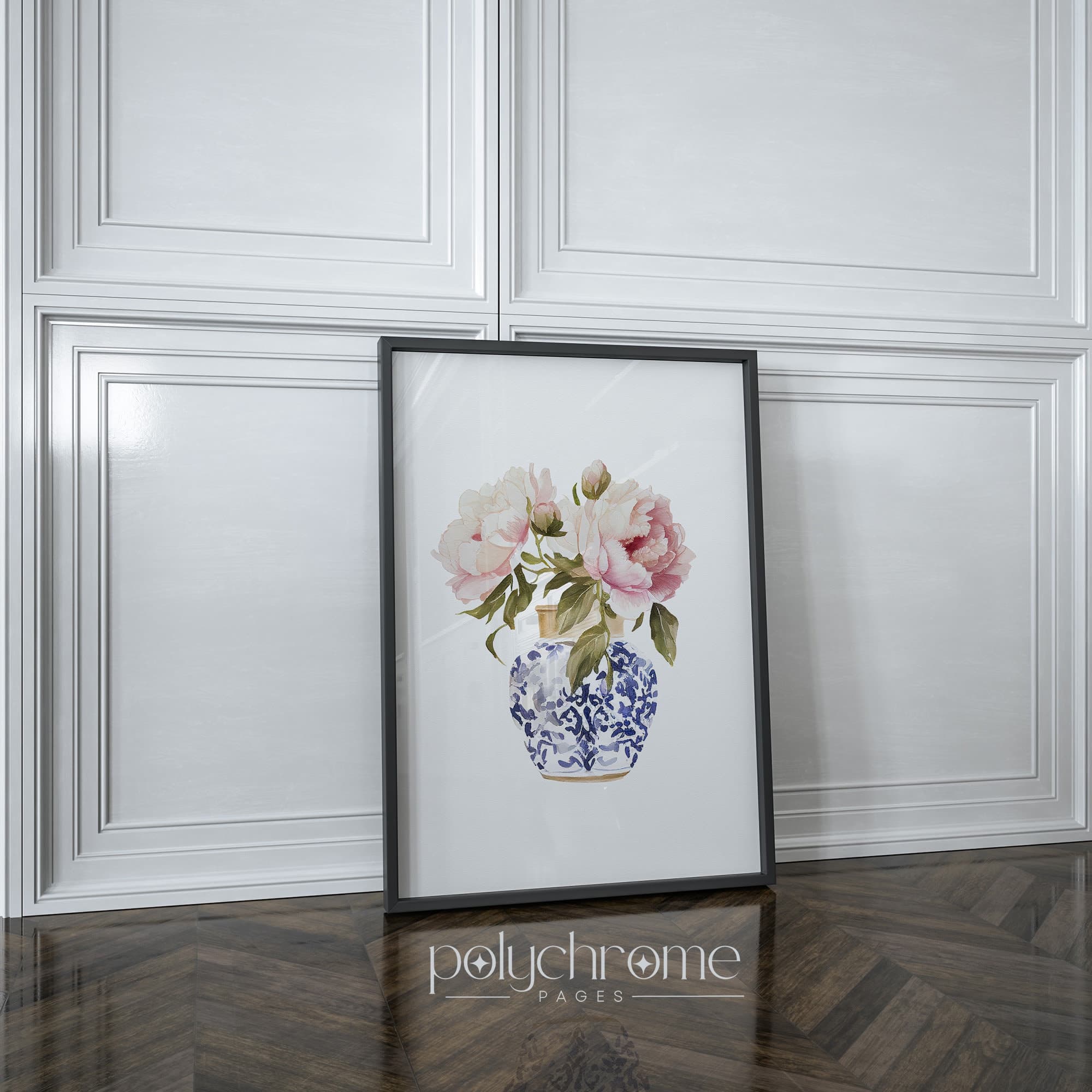 Flowers in chinoiserie watercolor wall art, peonies in blue and white coastal Hamptons art print | Paper print sizes 5x7 - 24x36 in - image 4