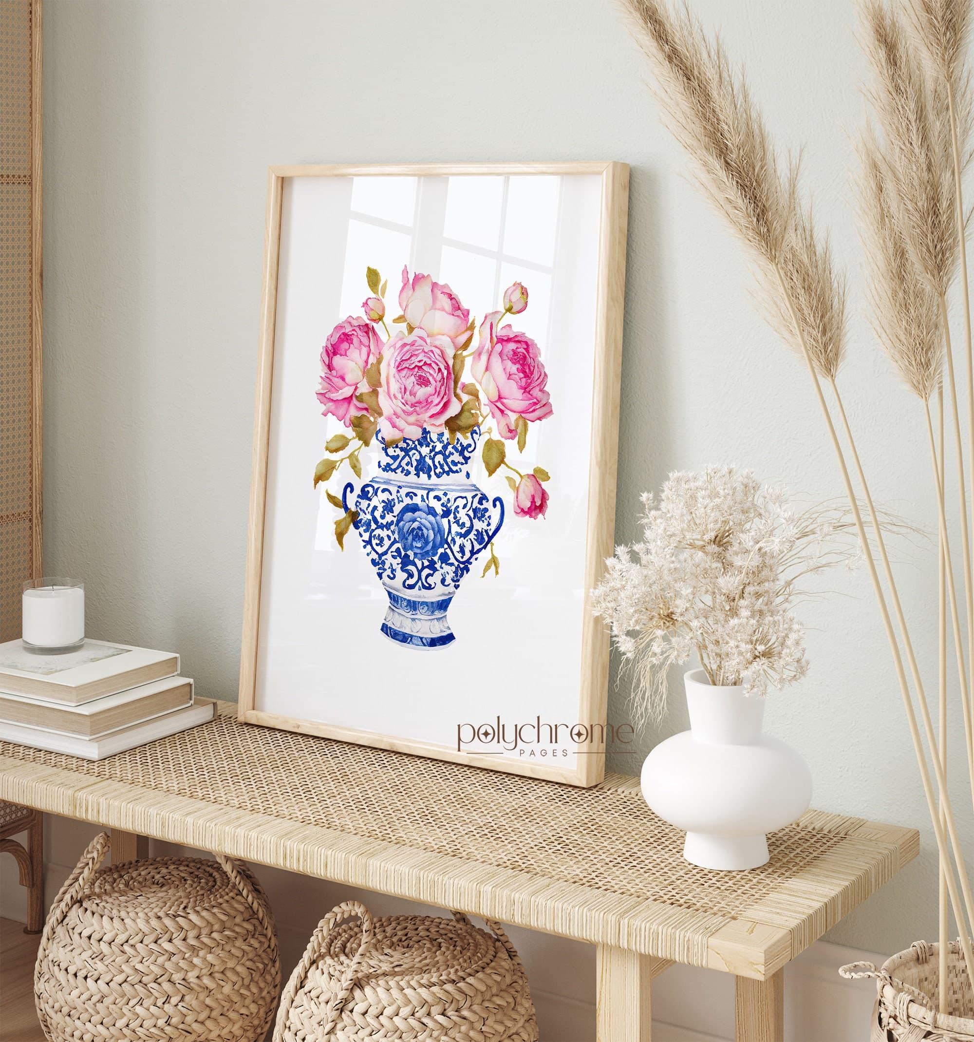 Roses in Chinoiserie, Cottagecore Grandmillennial Hamptons Style Pink Flower Bouquet in Blue and White China | Paper prints 5x7 - 24x36 in - image 4