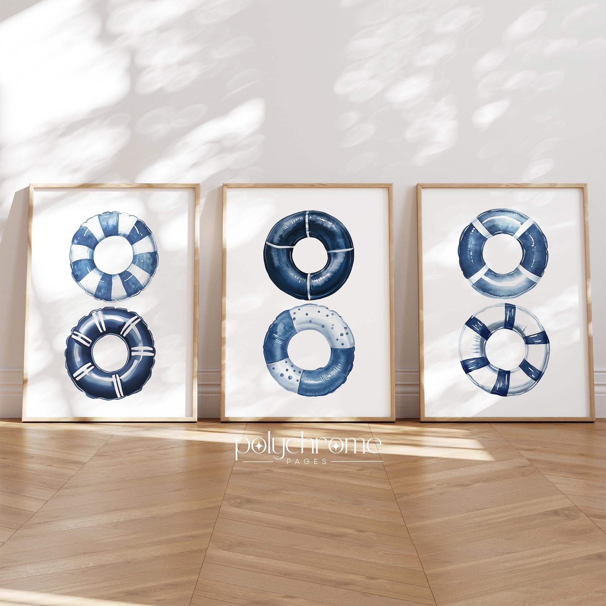 Striped Ring Floaties, Inflatable Inner Tubes Summer Bathroom Decor, Navy and Pastel Blue Pool Accessories Art | Paper Print 5x7 - 24x36in