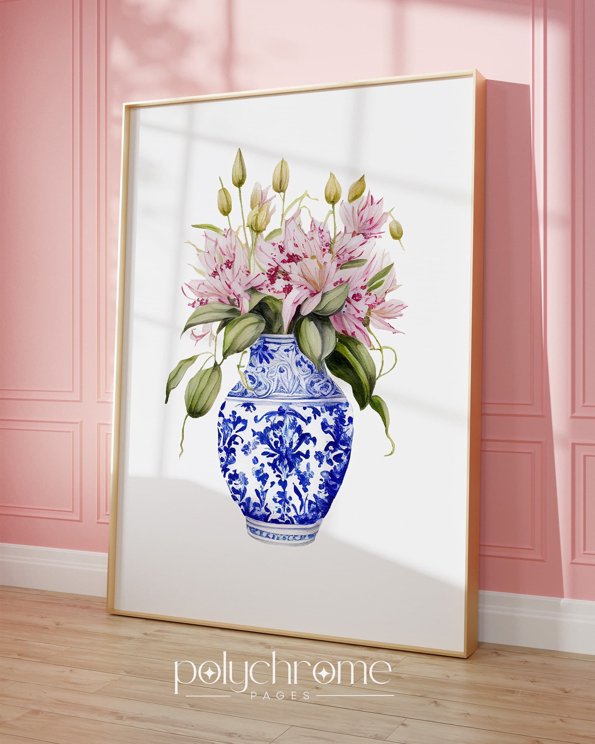 Lilies in Chinoiserie, Cottagecore Grandmillennial Hamptons Style Pink Flower Bouquet in Blue and White China | Paper prints 5x7 - 24x36 in - image 4