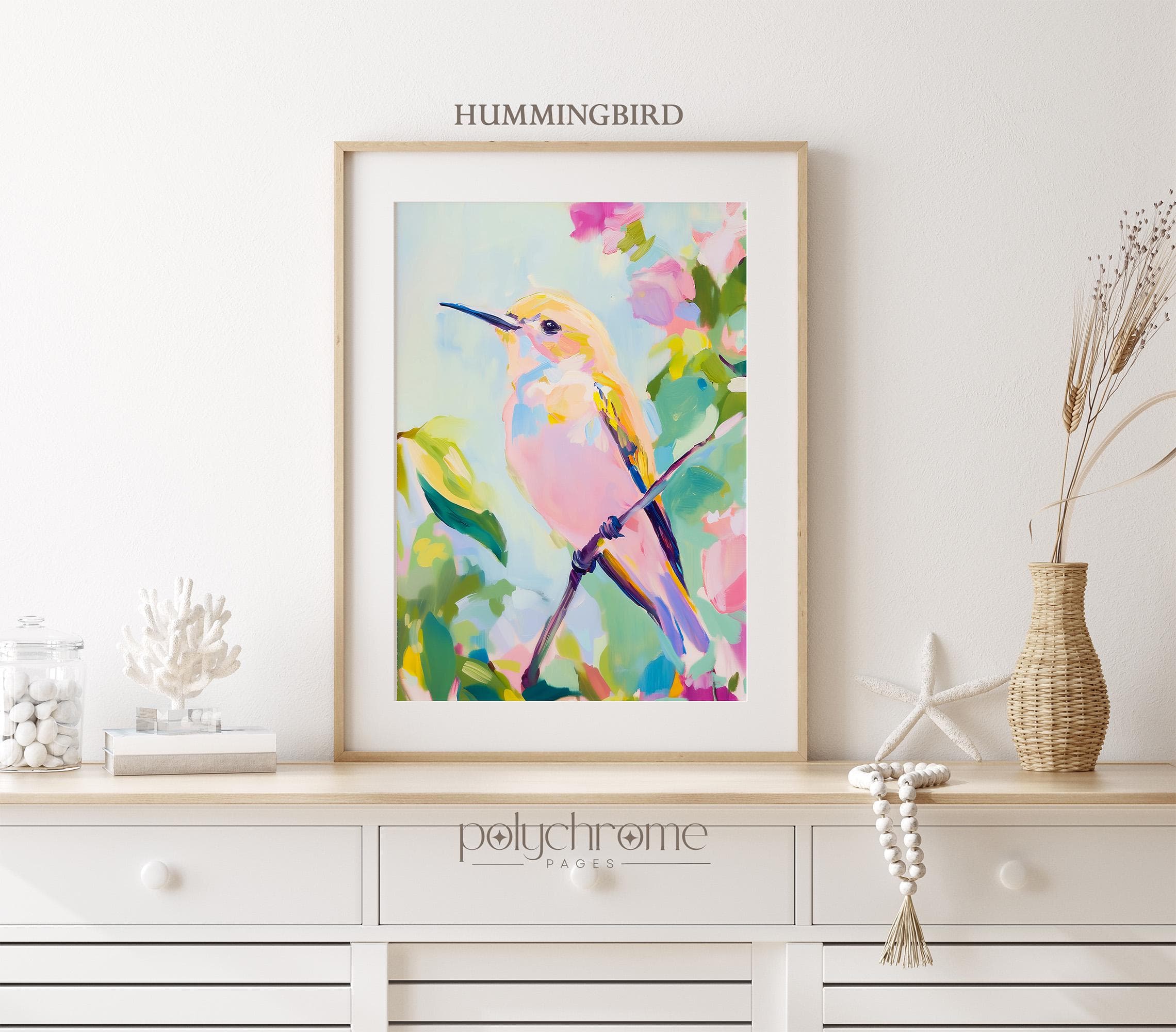 Hummingbird and Hibiscus Tropical Painting - Orange, Pink and Green Colorful Hawaiian Theme Coastal Home Decor | Paper prints 5x7 - 24x36 in - image 4
