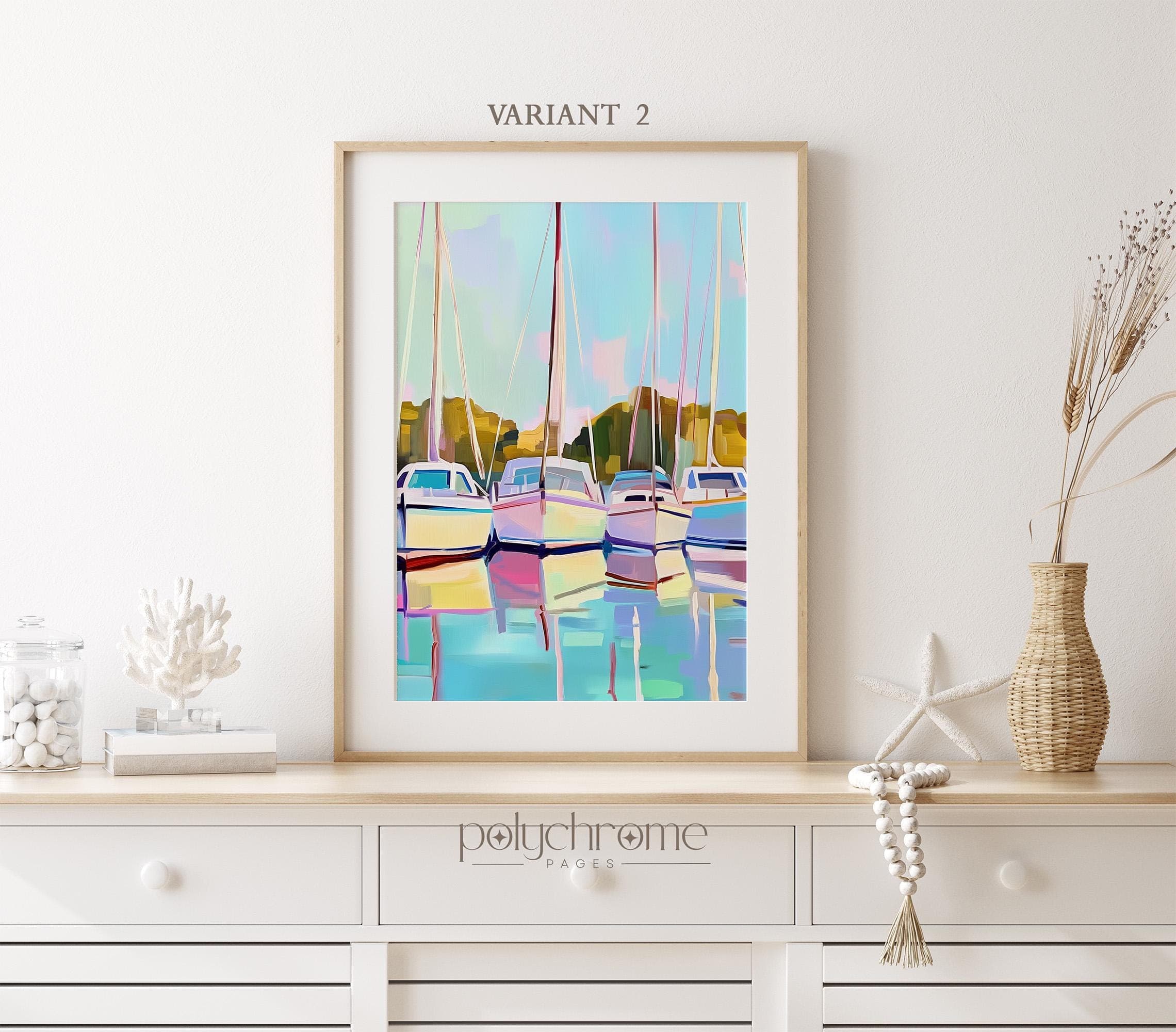 Boat Sailboats in Harbor Marina, Coastal Lake House Landscape in Pastel Blue and Green, Nautical wall decor | Paper prints 5x7 - 24x36 in - image 5