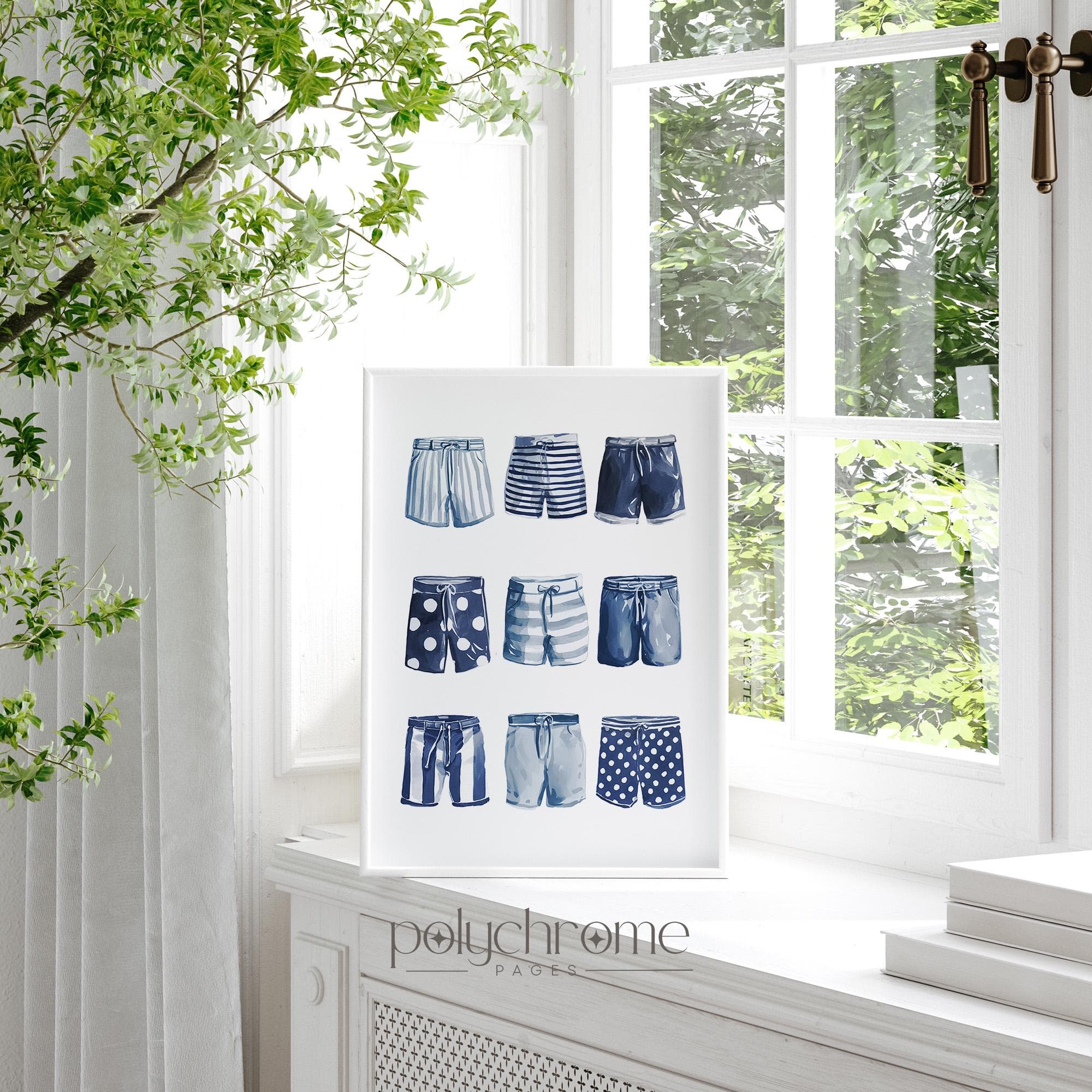 Shorts Lineup in Navy Blue, A Variety of Trunks for Laundry Room, Painted Swimwear, Lake House Pool Bathroom Art | Paper Print 5x7-24x36 in