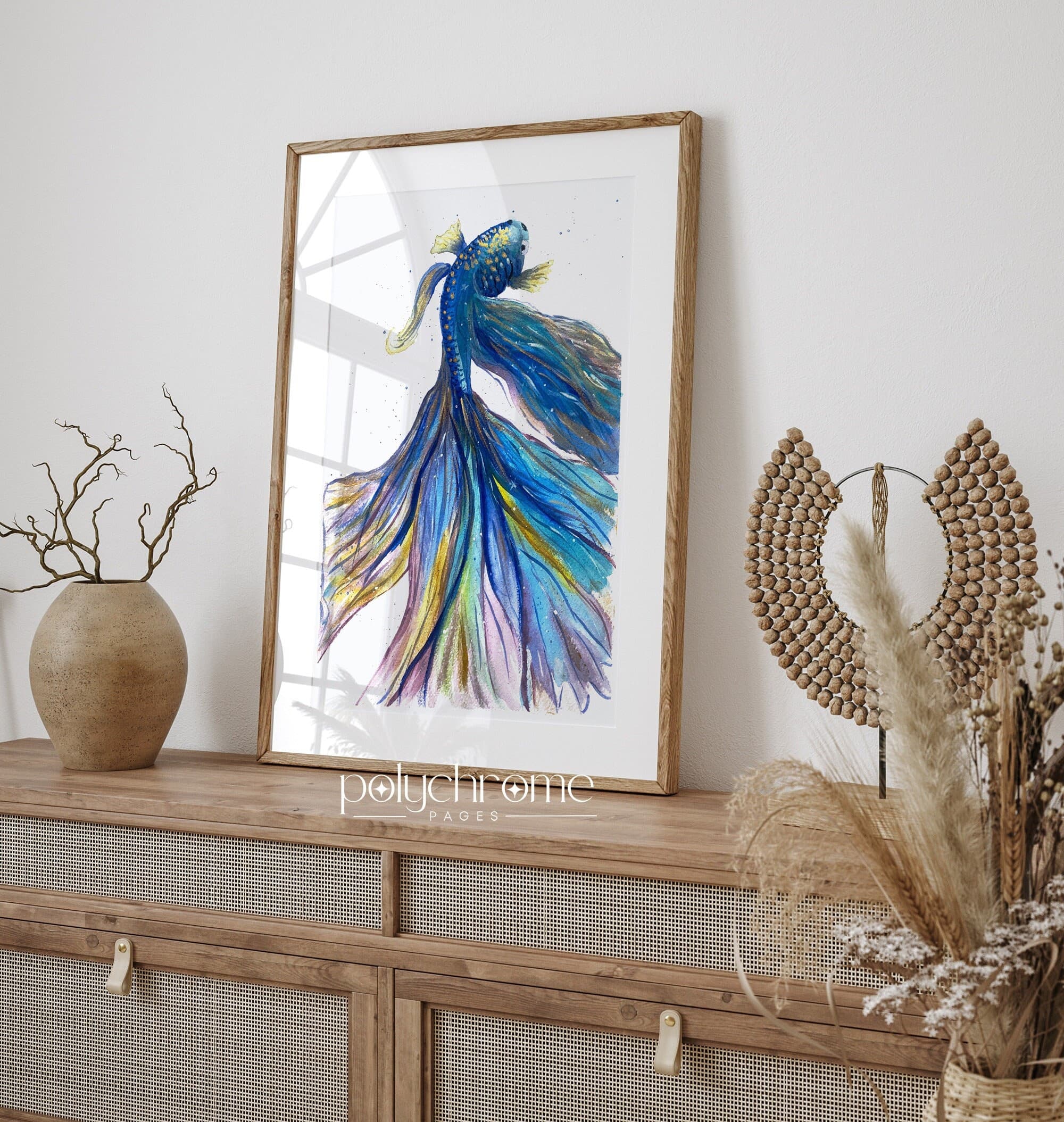 Iridescent Blue Green Gradient Colorful King Betta Fish, Beach House Decor Modern Nursery Decor Watercolor | Paper prints 5x7 - 24x36 in