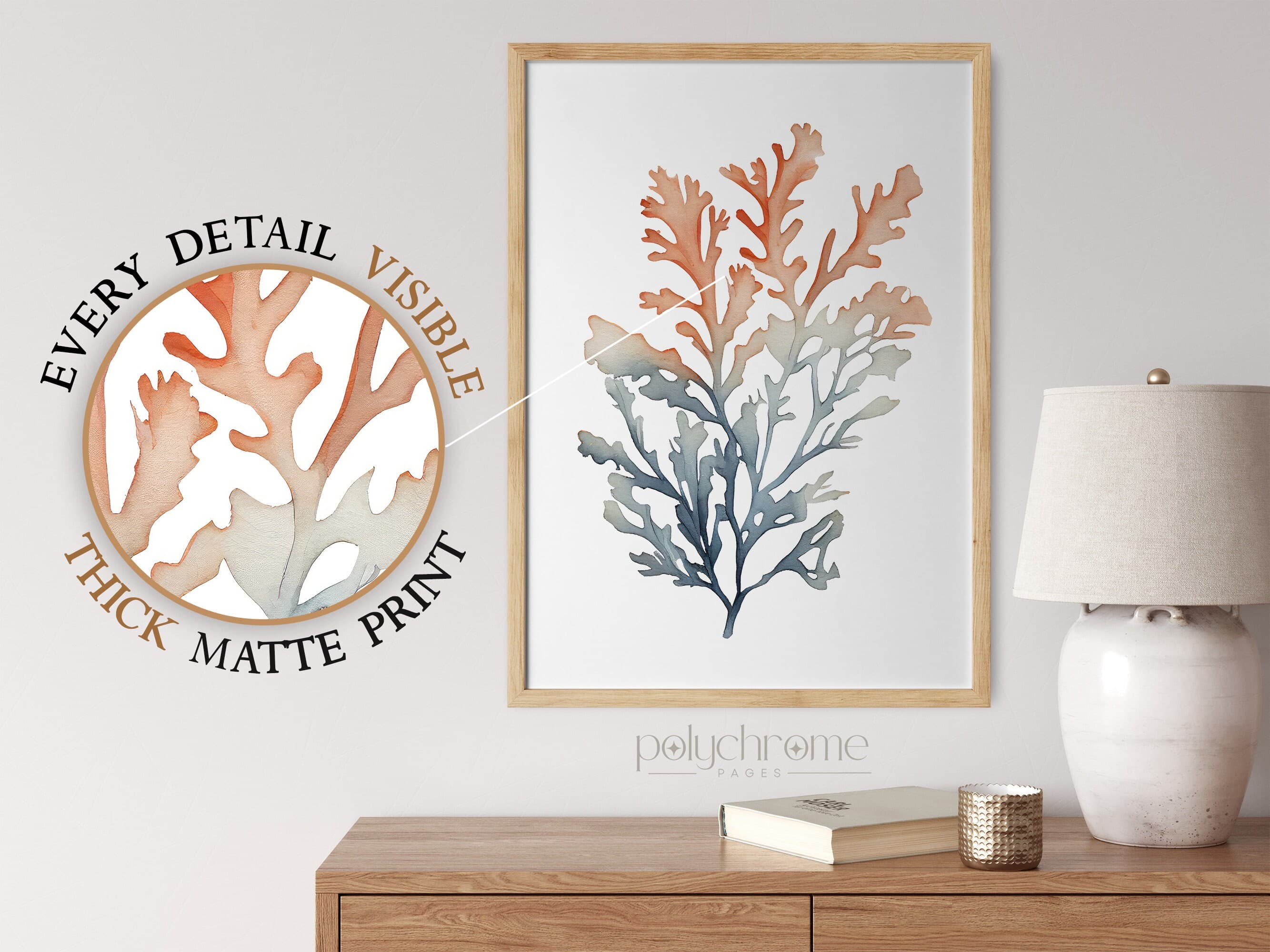 Corals and Seaweeds Beachy Decor, Tranquil Blue & Peach Hamptons Inspired Marine Flora Wall Art | Paper print sizes 5x7 - 24x36 in - image 4