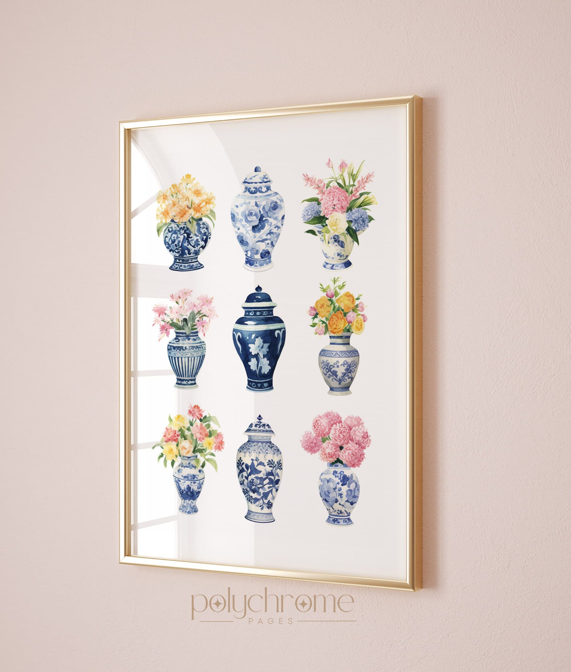 Ginger Jars and Flower Bouquets in Chinoiserie, Grandmillenial Hamptons Style Blue White China 9 Pieces Art | Paper print size 5x7 - 24x36in - image 5