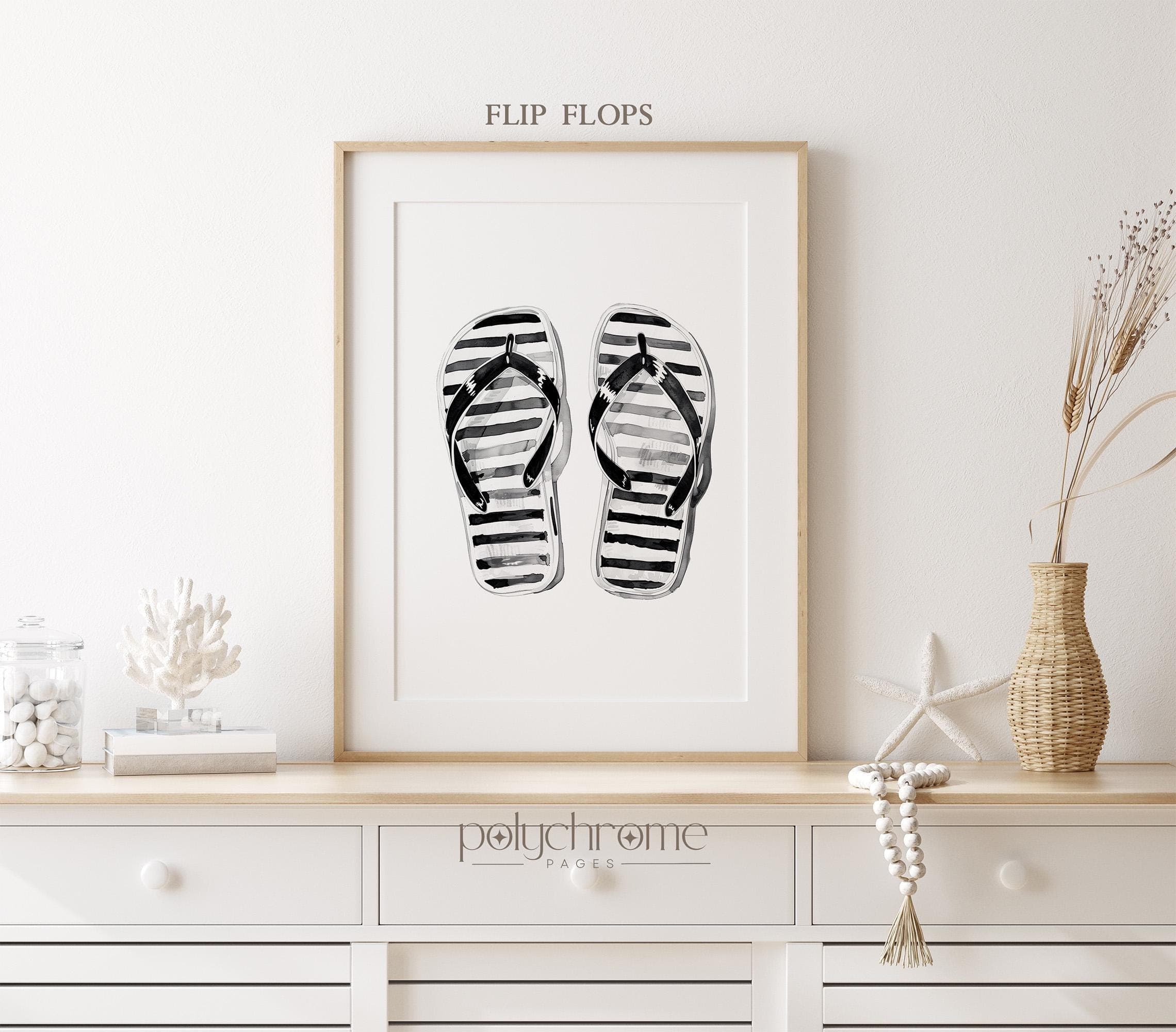 Black and White Striped Summer Accessories: Flip Flops, Hat, and Beach Bag - Coastal Beachy Decor Watercolor | Paper Prints 5x7 - 24x36 in - image 4