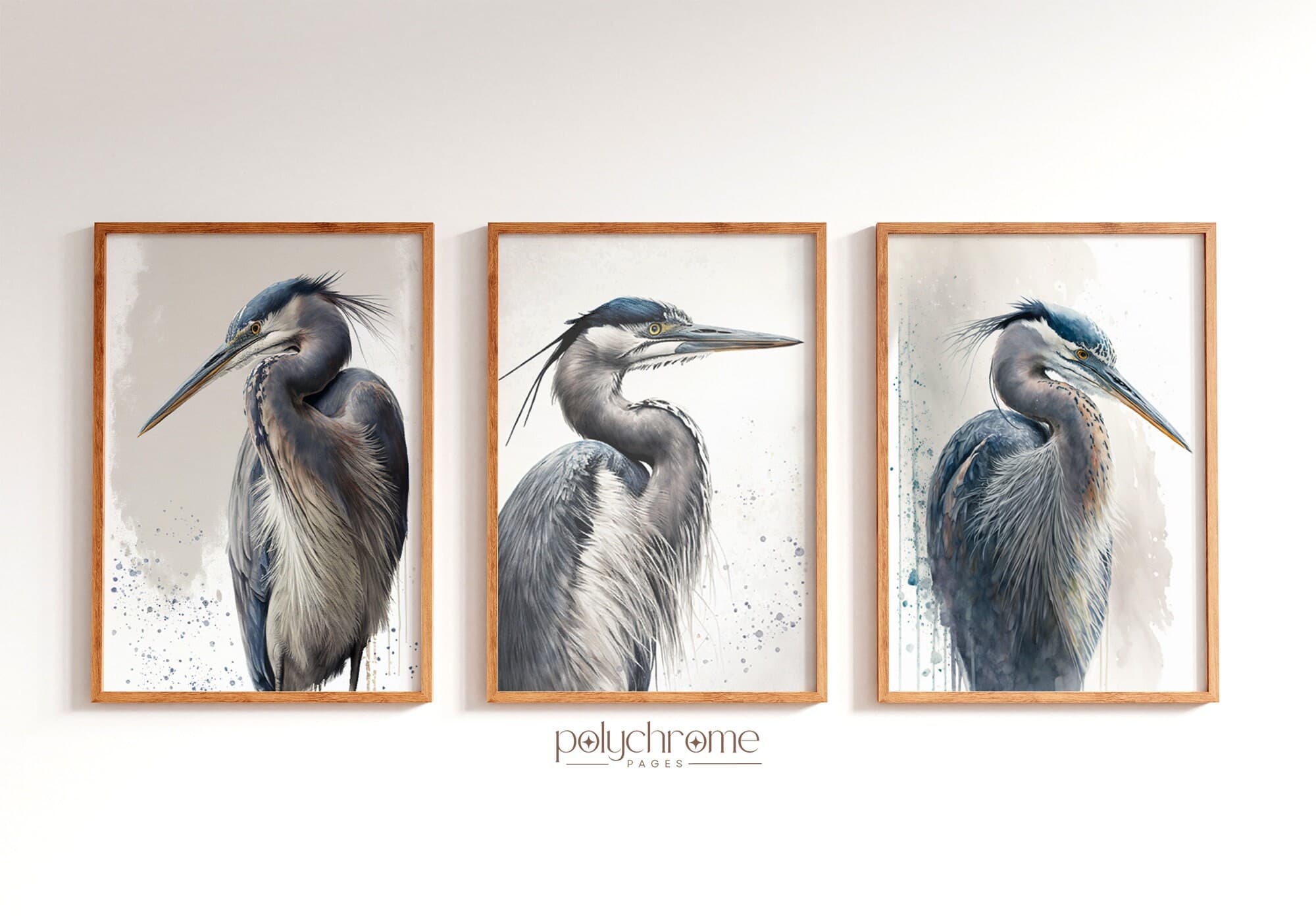 Great blue heron - white crane bird lover gifts, beachy bedroom, baby nursery decor, 3 piece wall art