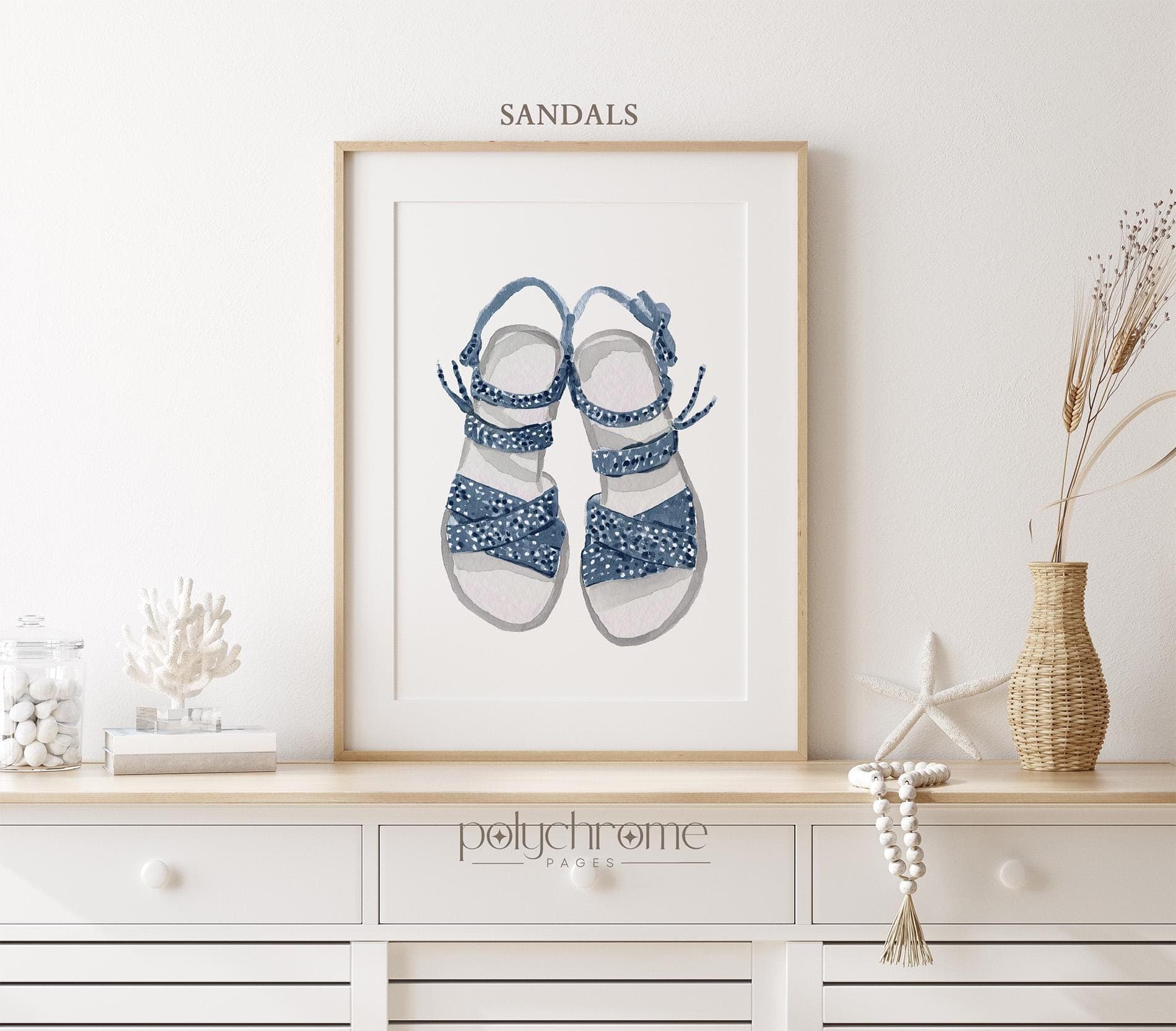 Sandals, Wicker Basket and Sun Hat in Navy Blue, Cute Summer Accessories Illustrations, Vacation Home Changing Room Art | Paper Prints - image 4