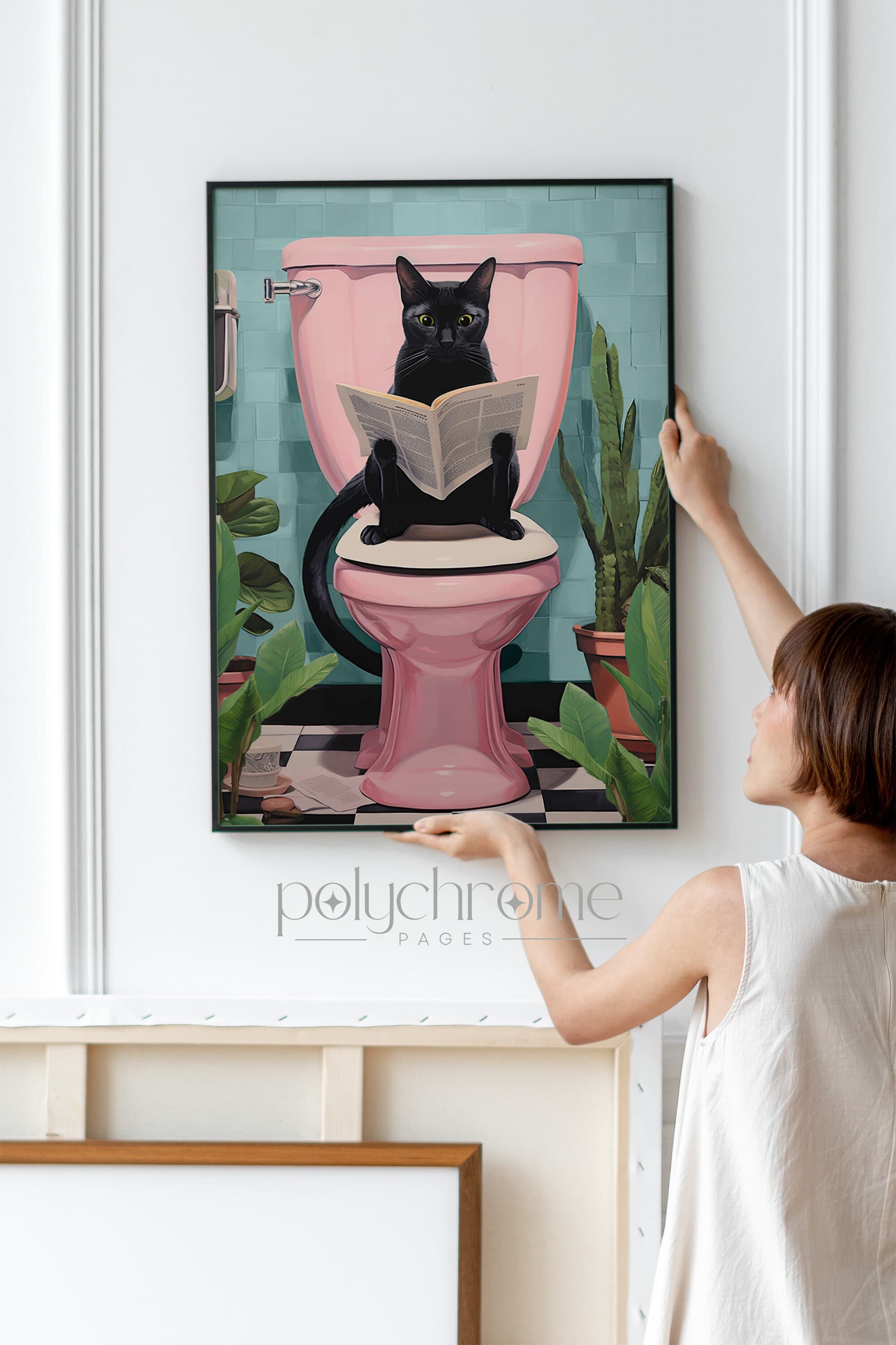 Bathroom decor art, home accent decor, bathroom wall art, gifts for cat lovers, 
picture of drawn cat, funny bathroom art, bathroom artwork, cat poster, eclectic style decor, black cat art, cat using toilet, 
cat reading