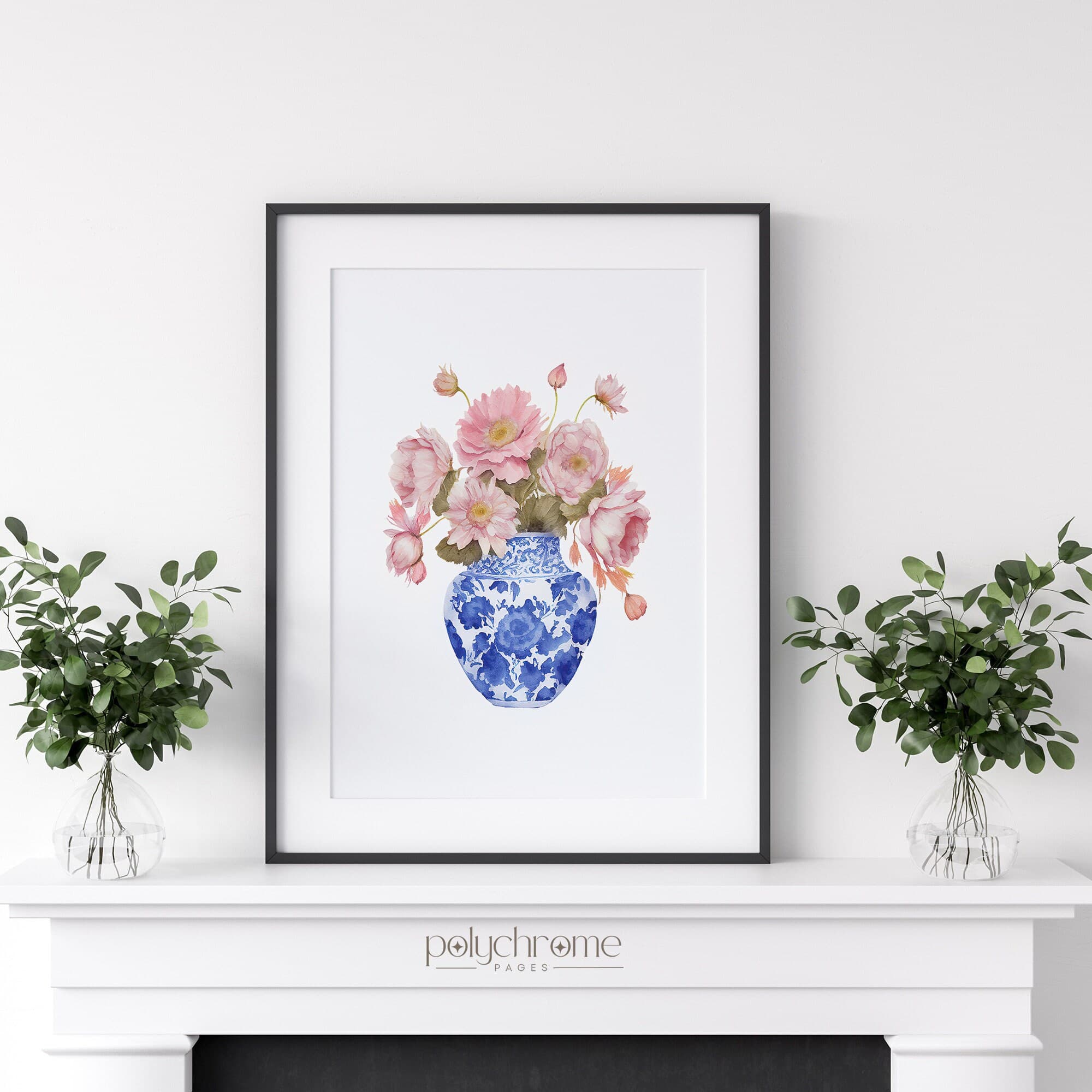 Daisies in Chinoiserie, Cottagecore Grandmillennial Hamptons Style Pink Flower Bouquet in Blue and White China | Paper prints 5x7 - 24x36 in - image 4