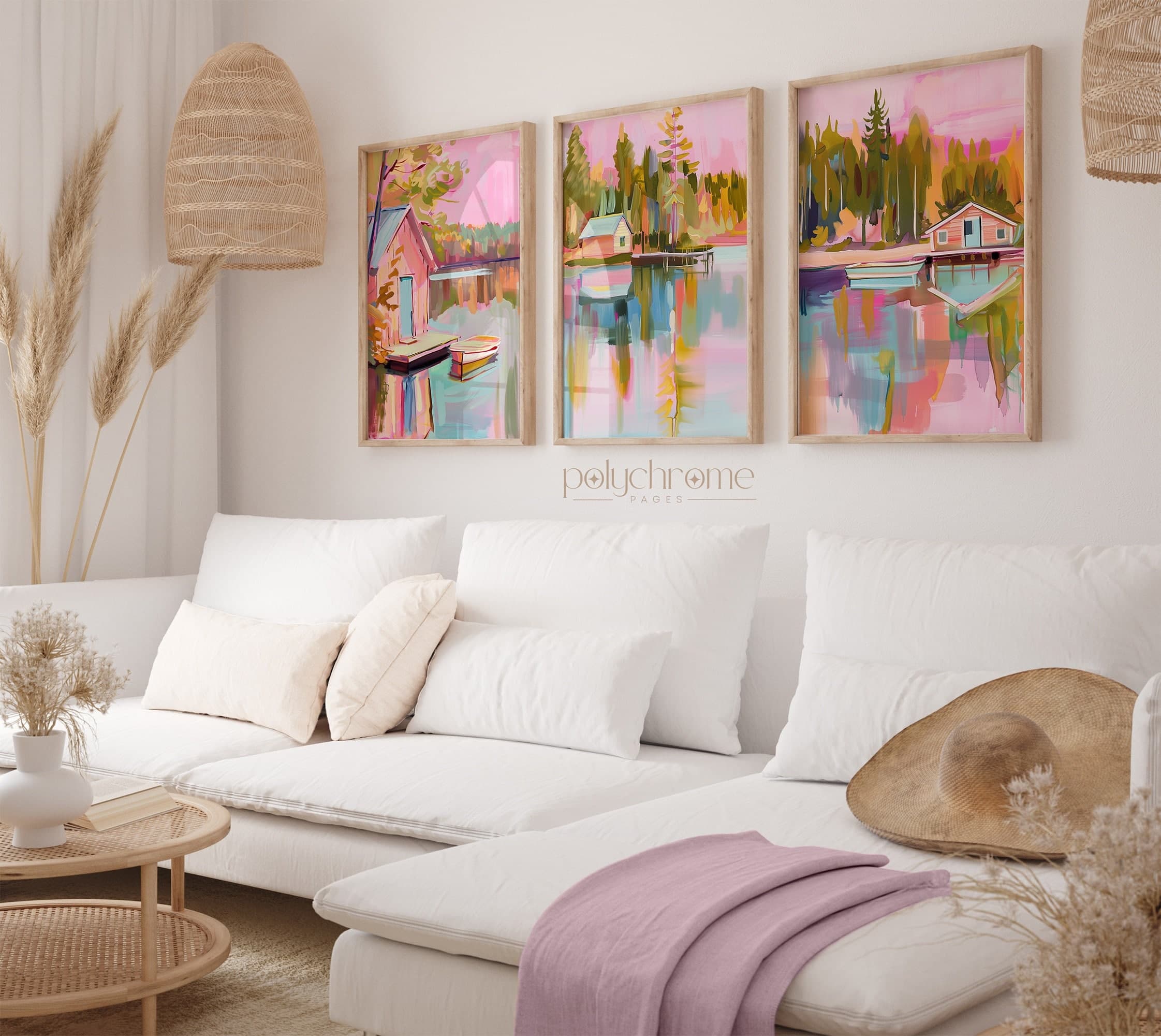 Home on the Lake with Pier and Boat, Vintage Lake House Landscape in Pastel Pink and Blue Oil Painting | Paper prints 5x7 - 24x36 in - image 5