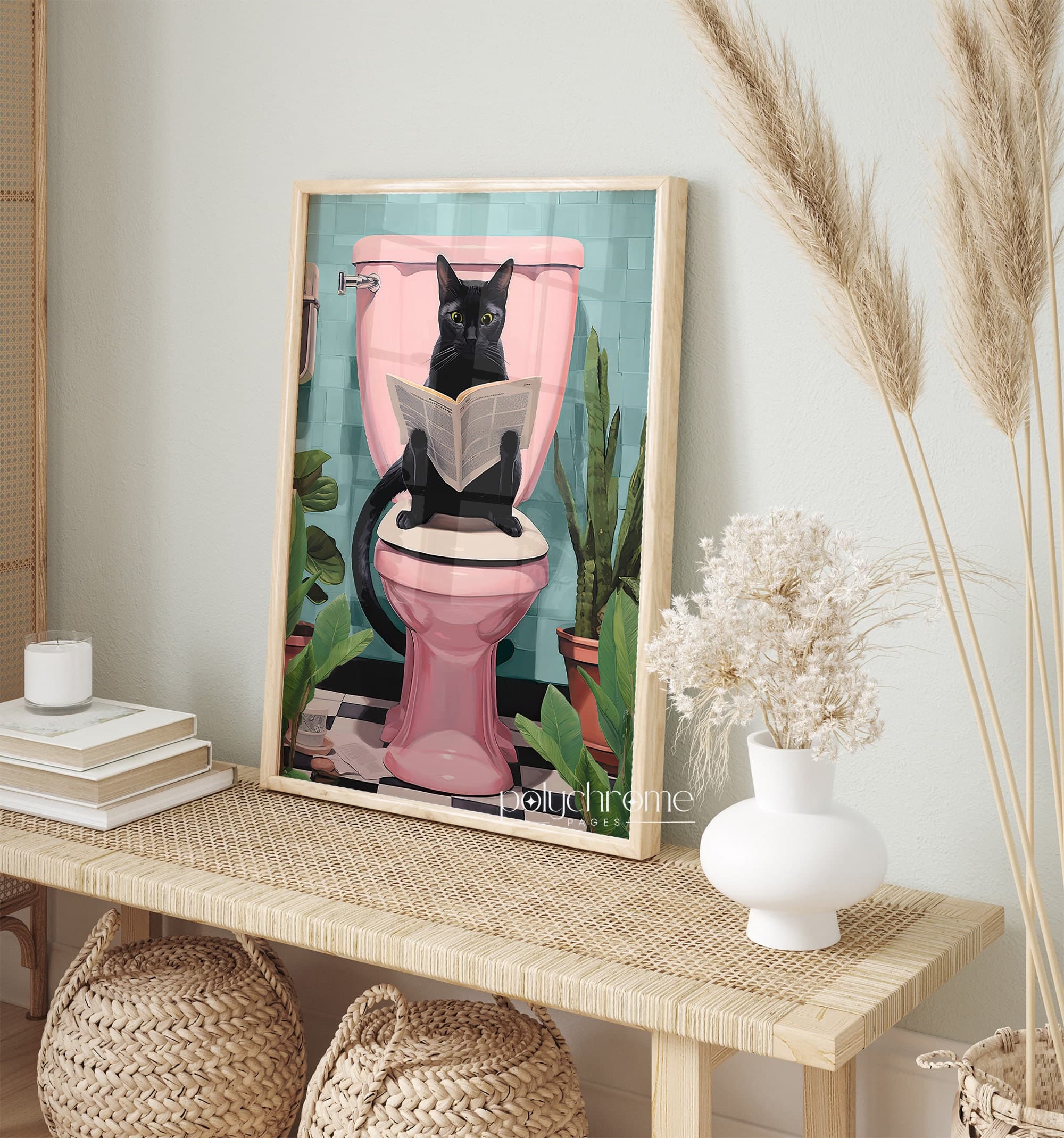 Bathroom decor art, home accent decor, bathroom wall art, gifts for cat lovers, 
picture of drawn cat, funny bathroom art, bathroom artwork, cat poster, eclectic style decor, black cat art, cat using toilet, 
cat reading