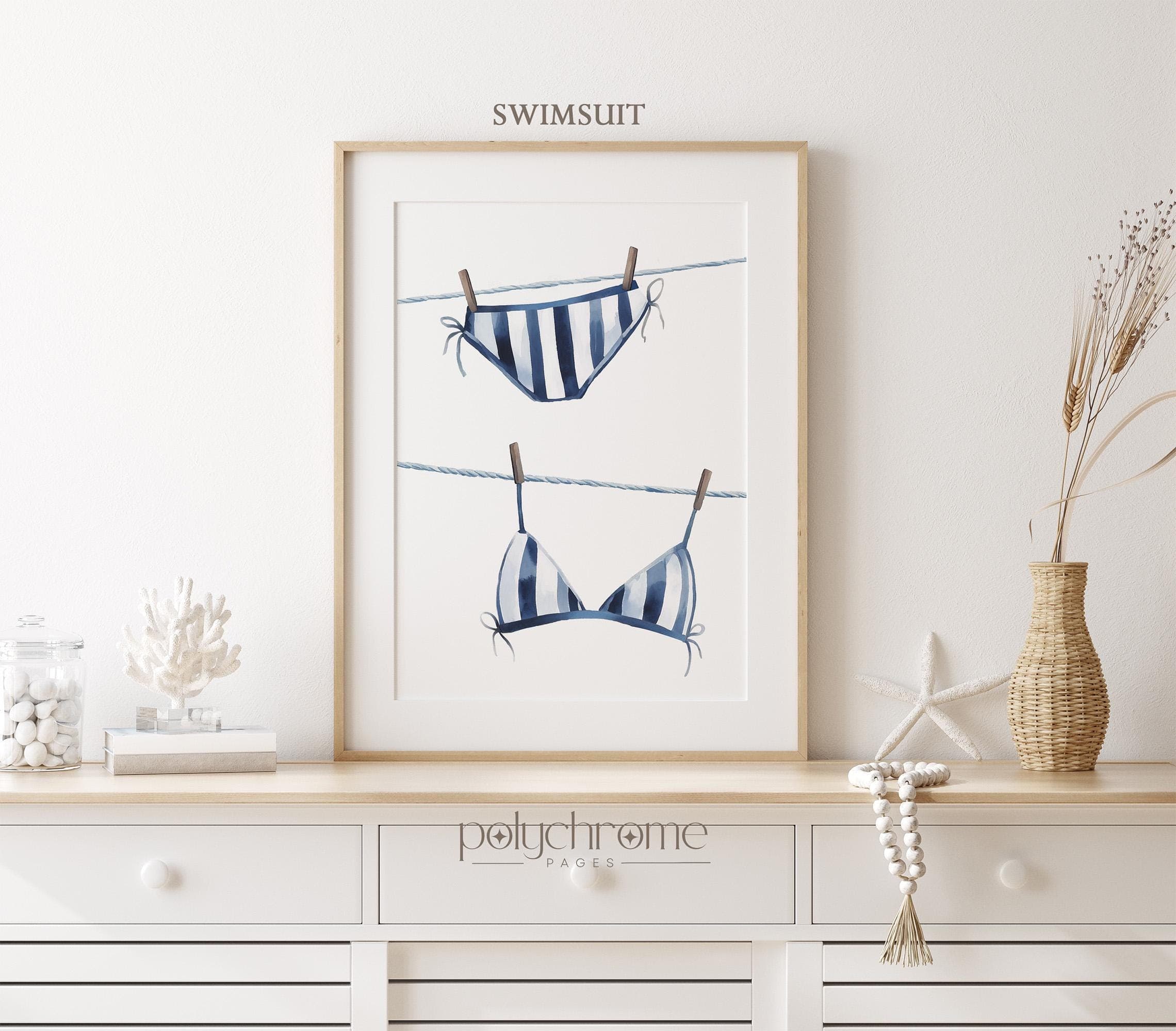 Hanging Bikini & Swimming Trunks in Navy Blue, Swimsuits on Clothesline Laundry Room Decor, Lake House Pool Bathroom | Prints 5x7 - 24x36 in - image 4