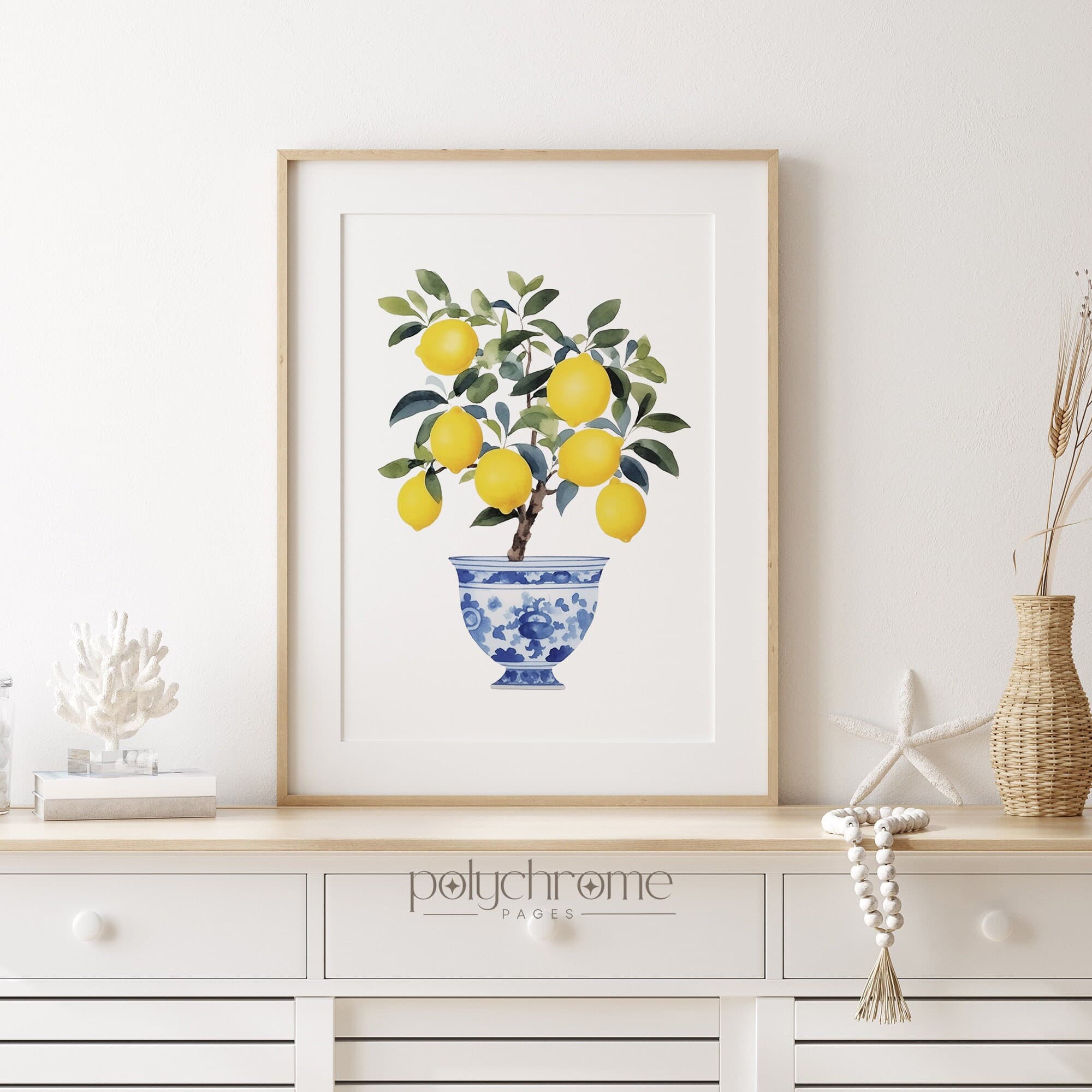 Lemon Tree Painting, Amalfi Italy Coast Chinoiserie Vase Coastal Kitchen Watercolor Wall Art | Paper print sizes 5x7 - 24x36 in
