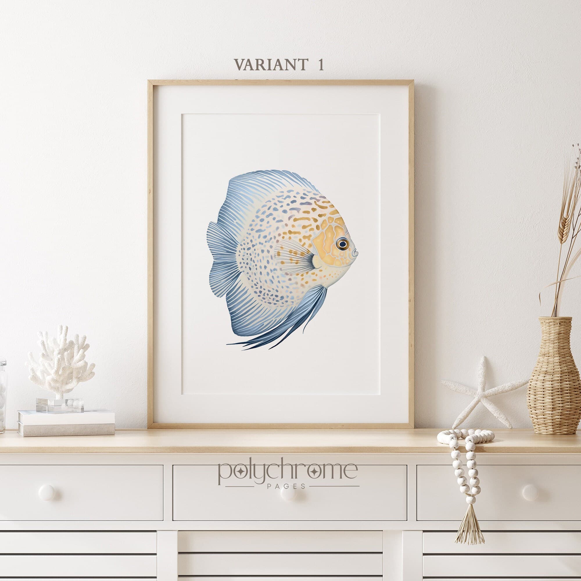 Blue and Yellow Discus Fish, Coastal Nautical Hamptons Decor, Beach Tropical Exotic Lake House Art | Paper Print Sizes 5x7 - 24x36 in - image 4