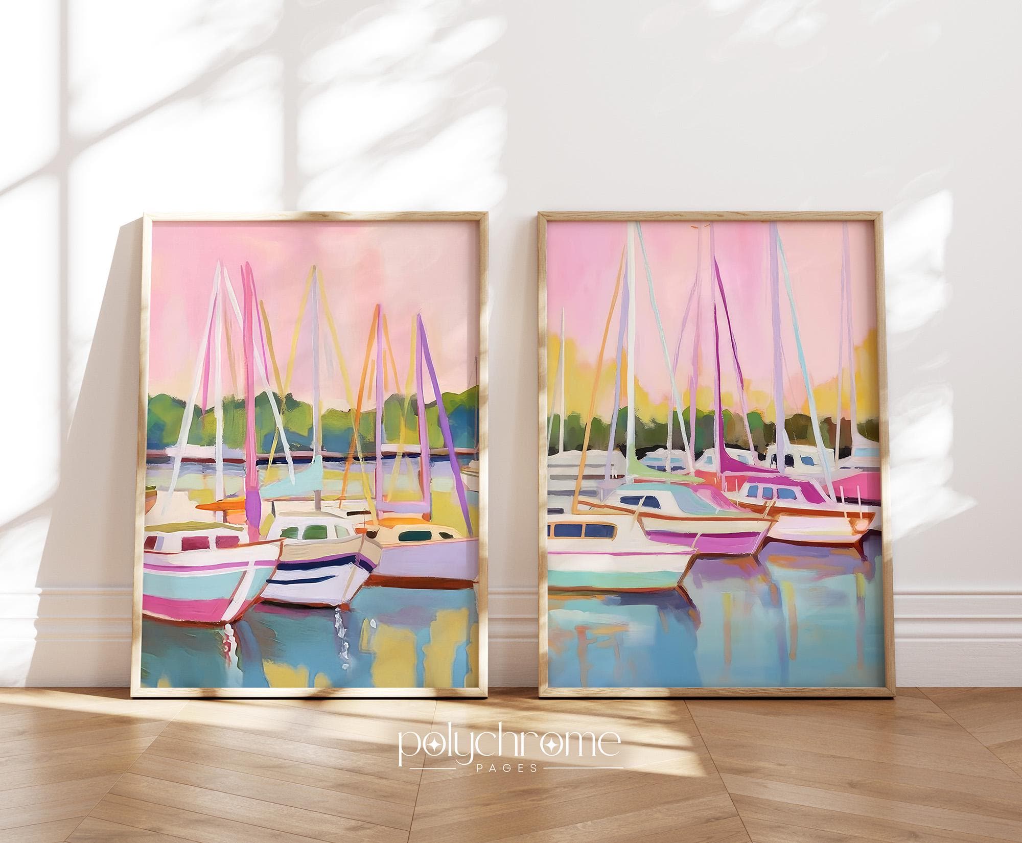 Boat Sailboats in Harbor Marina, Coastal Lake House Landscape in Pastel Pink and Blue Nautical wall decor | Paper prints 5x7 - 24x36 in
