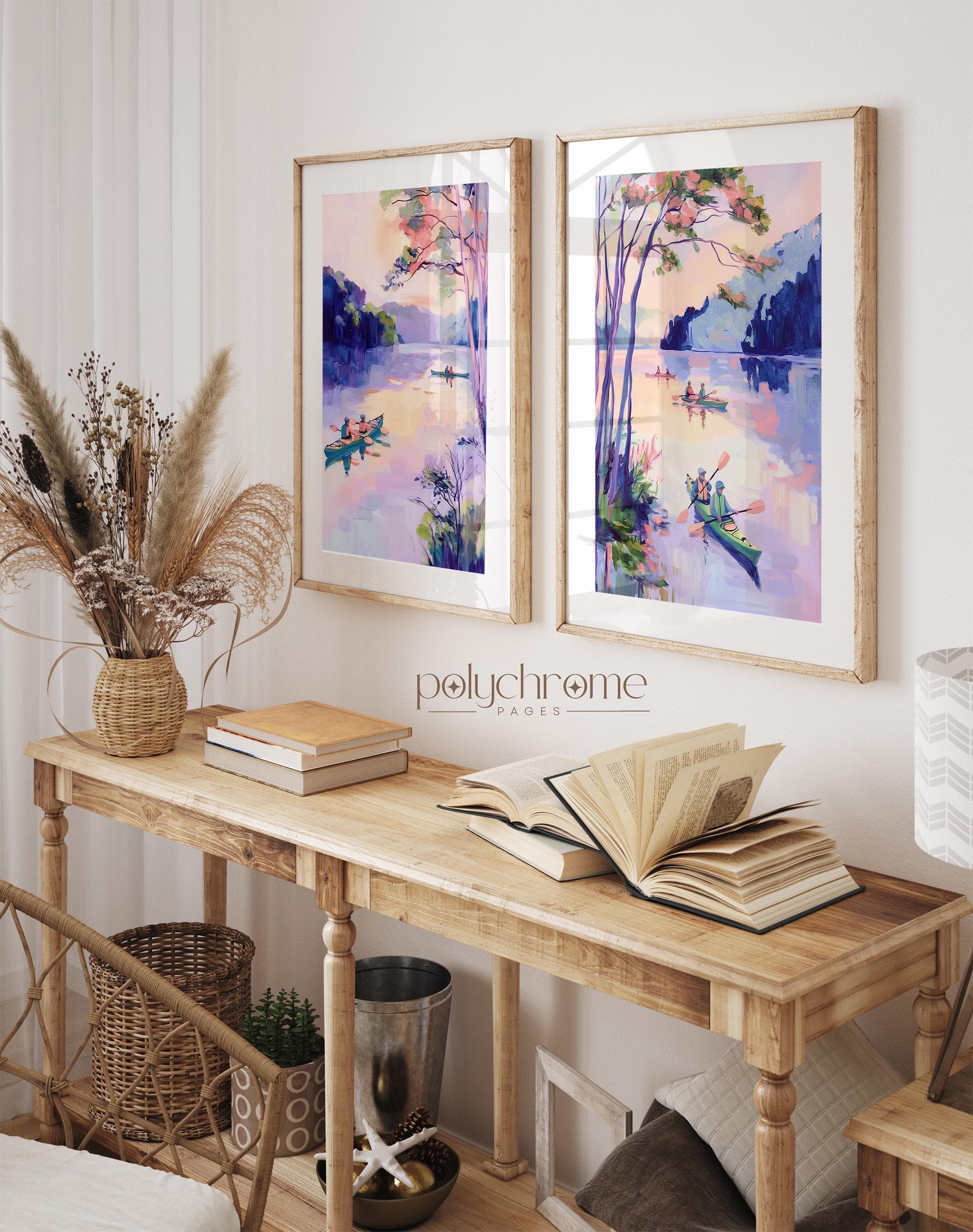Kayaks on a Lake in Purple and Pink, Canoeing Lake House Art, Fishing Cabin Decor, Vintage Pool Bathroom Idea | Paper prints 5x7 - 24x36 in - image 3