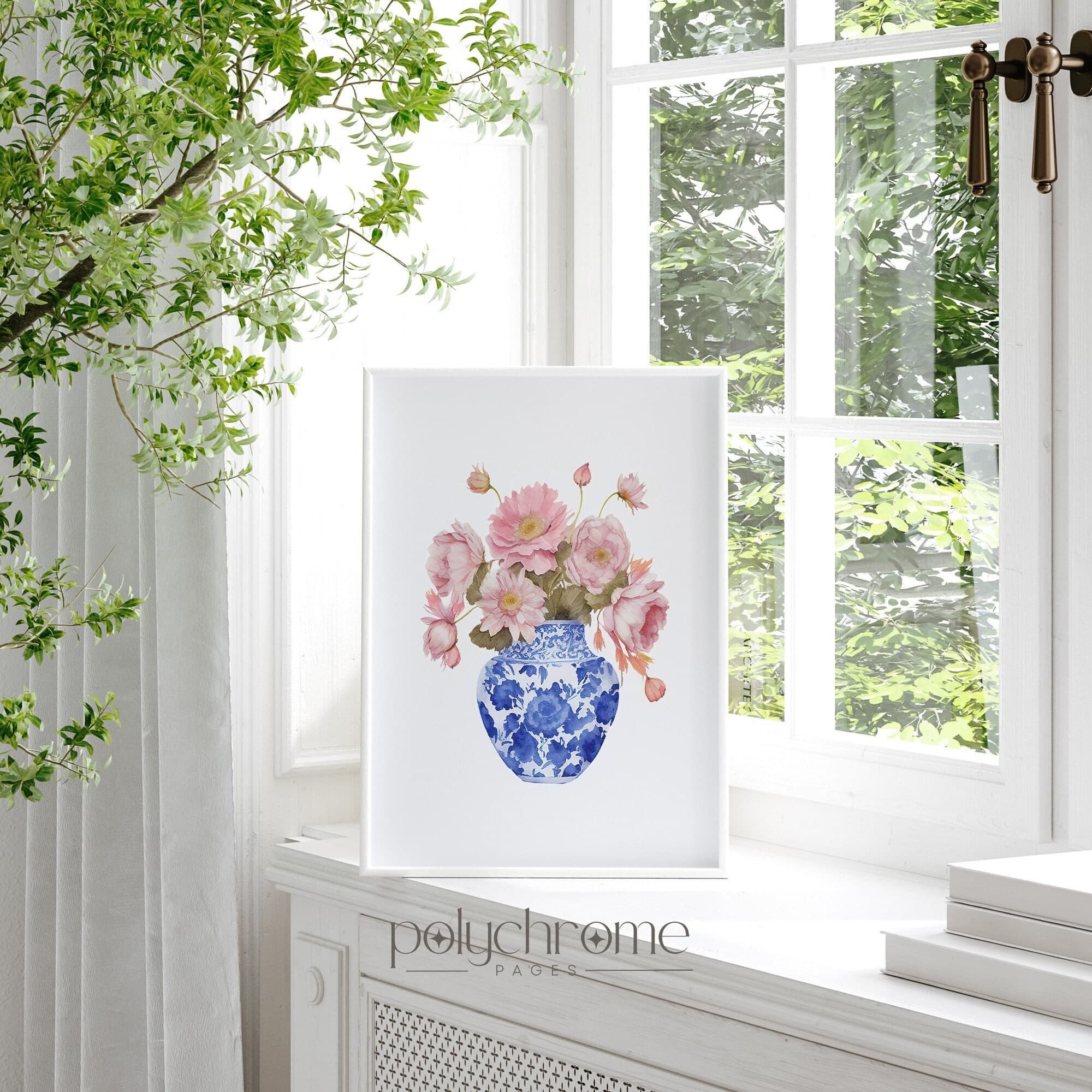 Daisies in Chinoiserie, Cottagecore Grandmillennial Hamptons Style Pink Flower Bouquet in Blue and White China | Paper prints 5x7 - 24x36 in