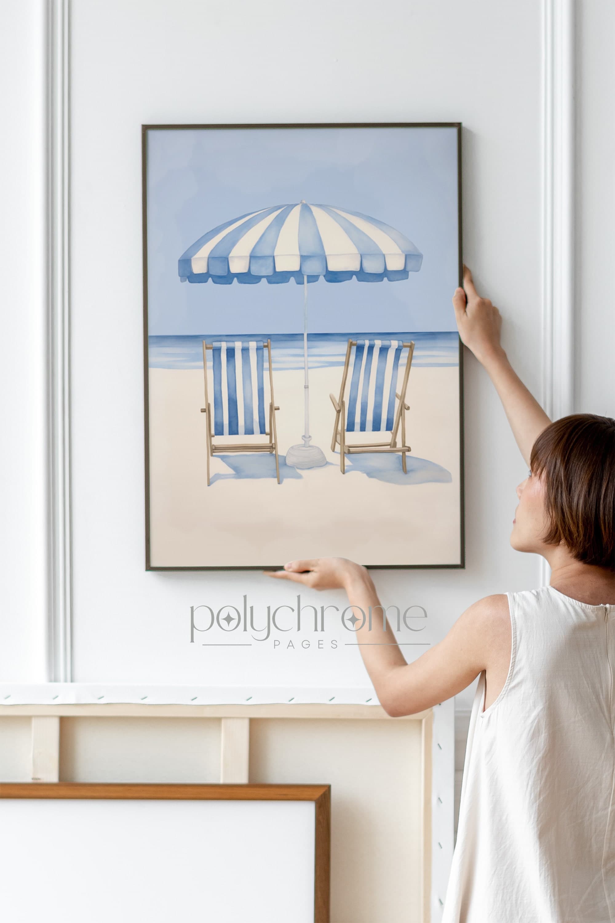 Beach Umbrella and Chairs Picture, Beach House Decor Seascape Painting, Ocean Blue Summer Coastal Decor | Paper print size 5x7 - 24x36 in - image 3