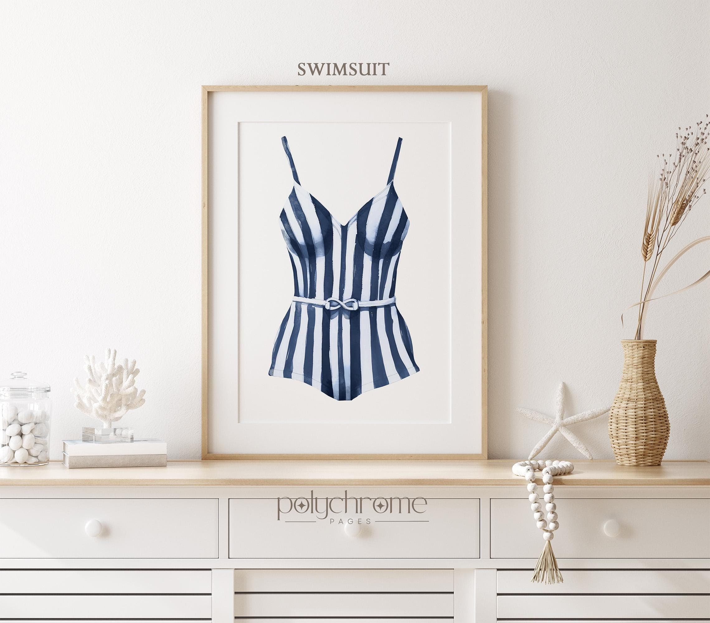 Striped Blue and White Painted Swimsuits Lake House Art, Hale Navy Wall Art, Laundry Room Decor | Paper Print Wall Art sizes 5x7 - 24x36 in - image 4